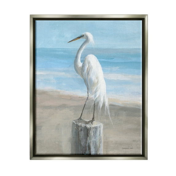 Stupell Industries Egret Coastal Landscape Animals & Insects Painting Gray Floater Framed Art Print Wall Art, 17 x 21