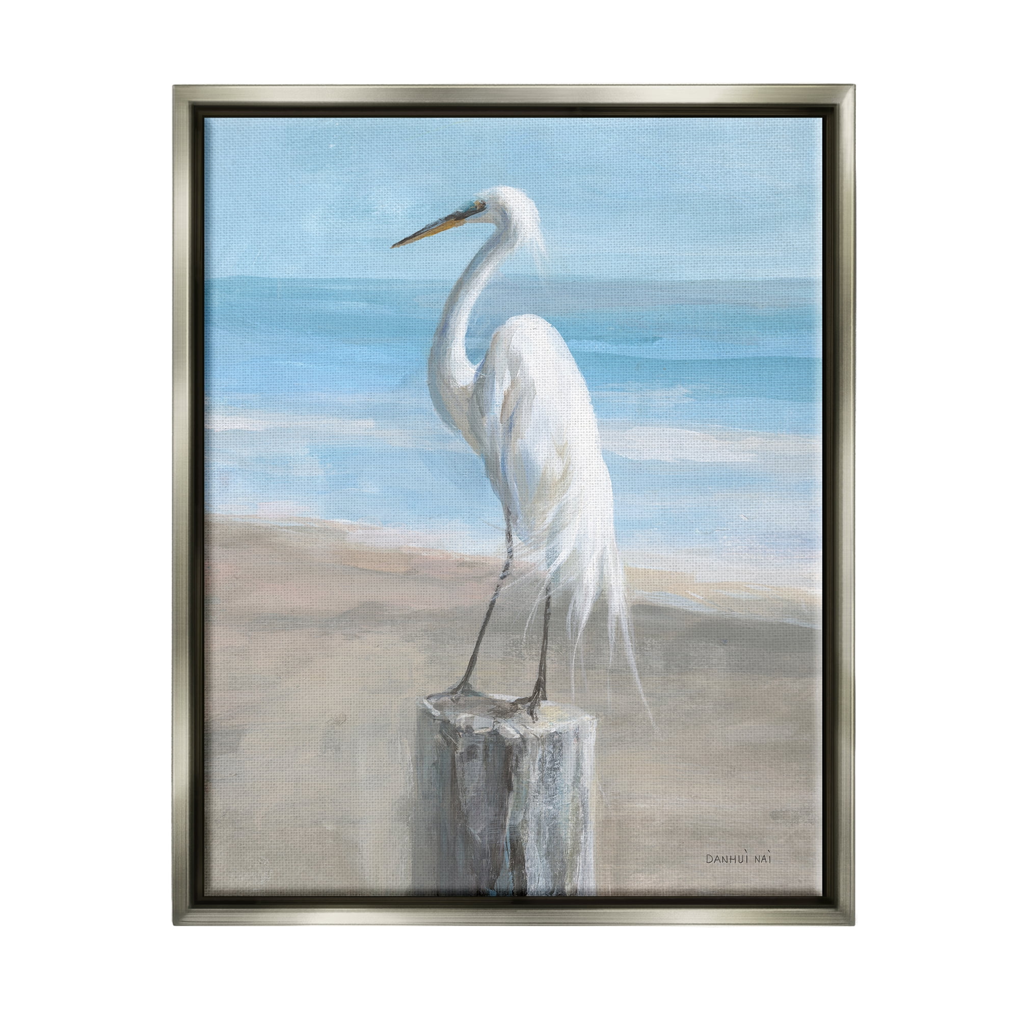 Stupell Industries Egret Coastal Landscape Animals & Insects Painting Gray Floater Framed Art Print Wall Art, 25 x 31