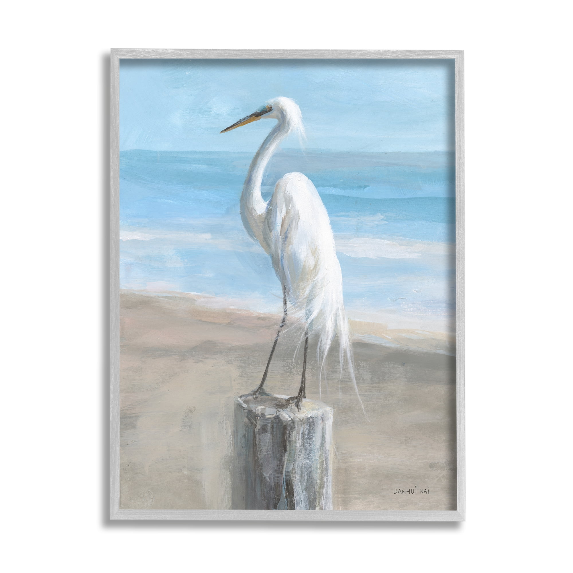 Stupell Industries Egret Coastal Landscape Animals & Insects Painting Gray Framed Art Print Wall Art, 24 x 30