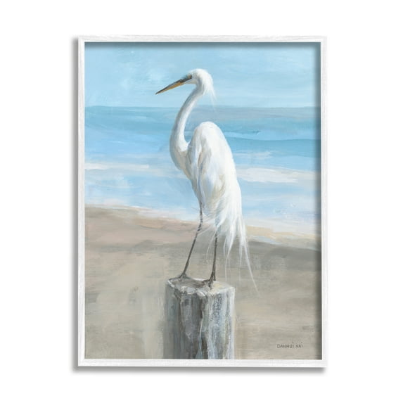 Stupell Industries Egret Coastal Landscape Animals & Insects Painting White Framed Art Print Wall Art, 16 x 20