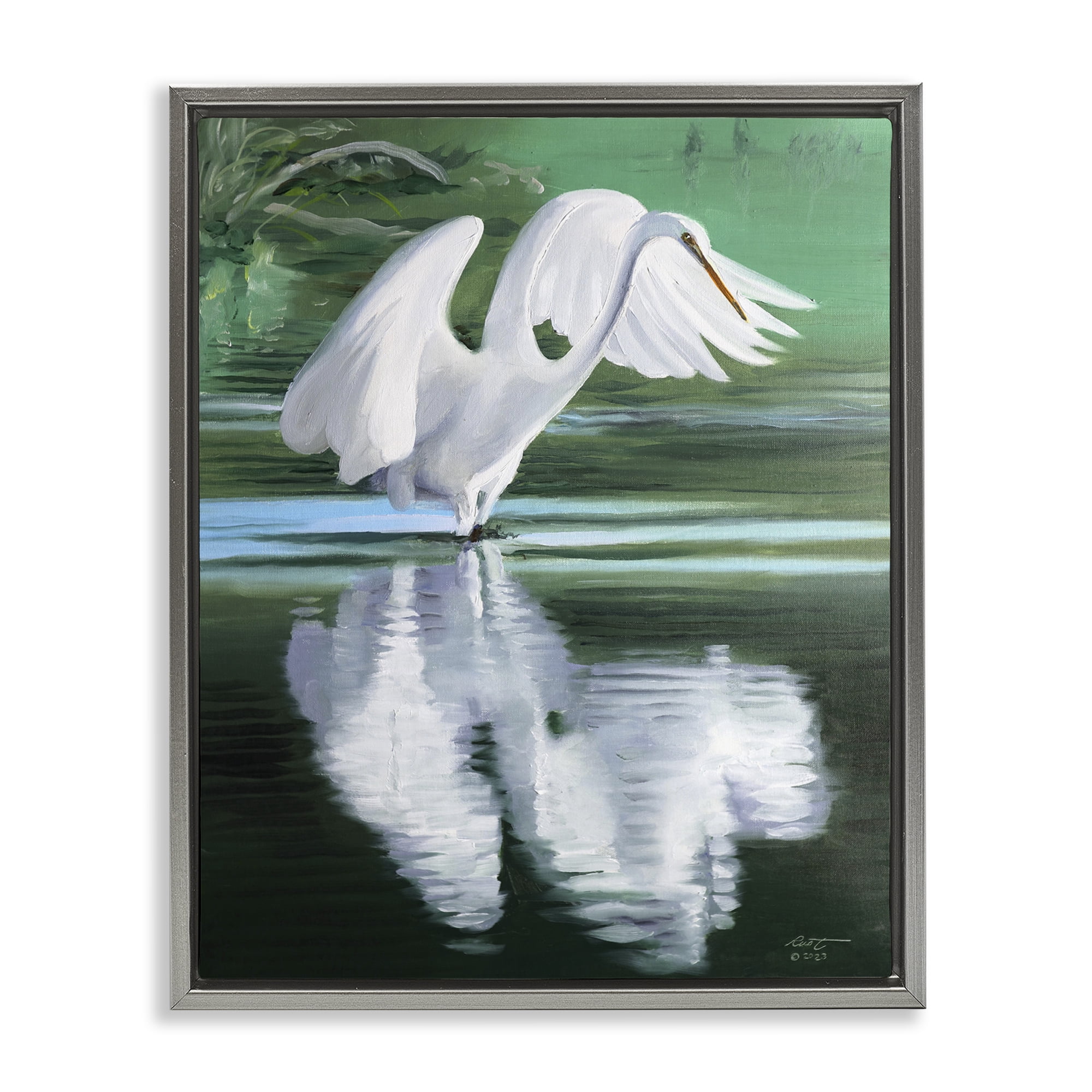 Stupell Industries Egret Flapping Wings Animals & Insects Painting Gray Floater Framed Canvas Art Print Wall Art, 17 x 21