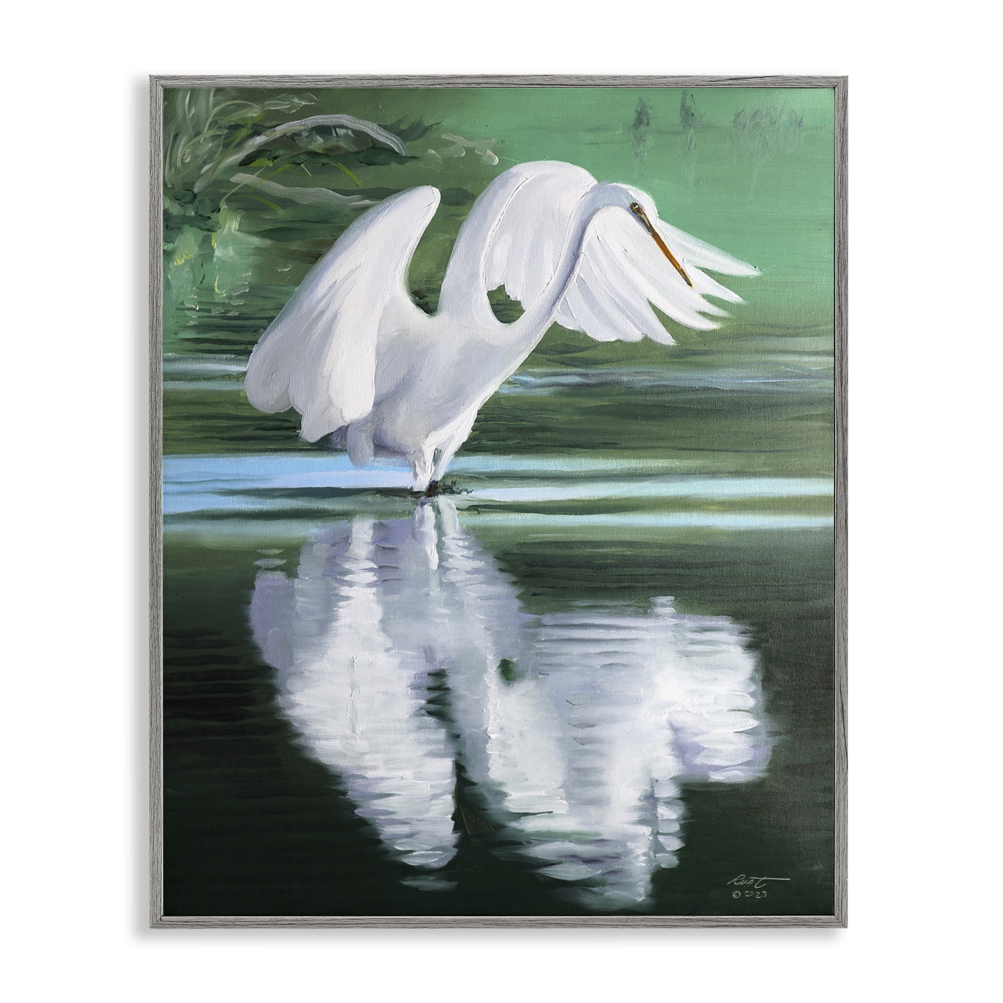 Stupell Industries Egret Flapping Wings Animals & Insects Painting Gray Framed Art Print Wall Art, 24 x 30