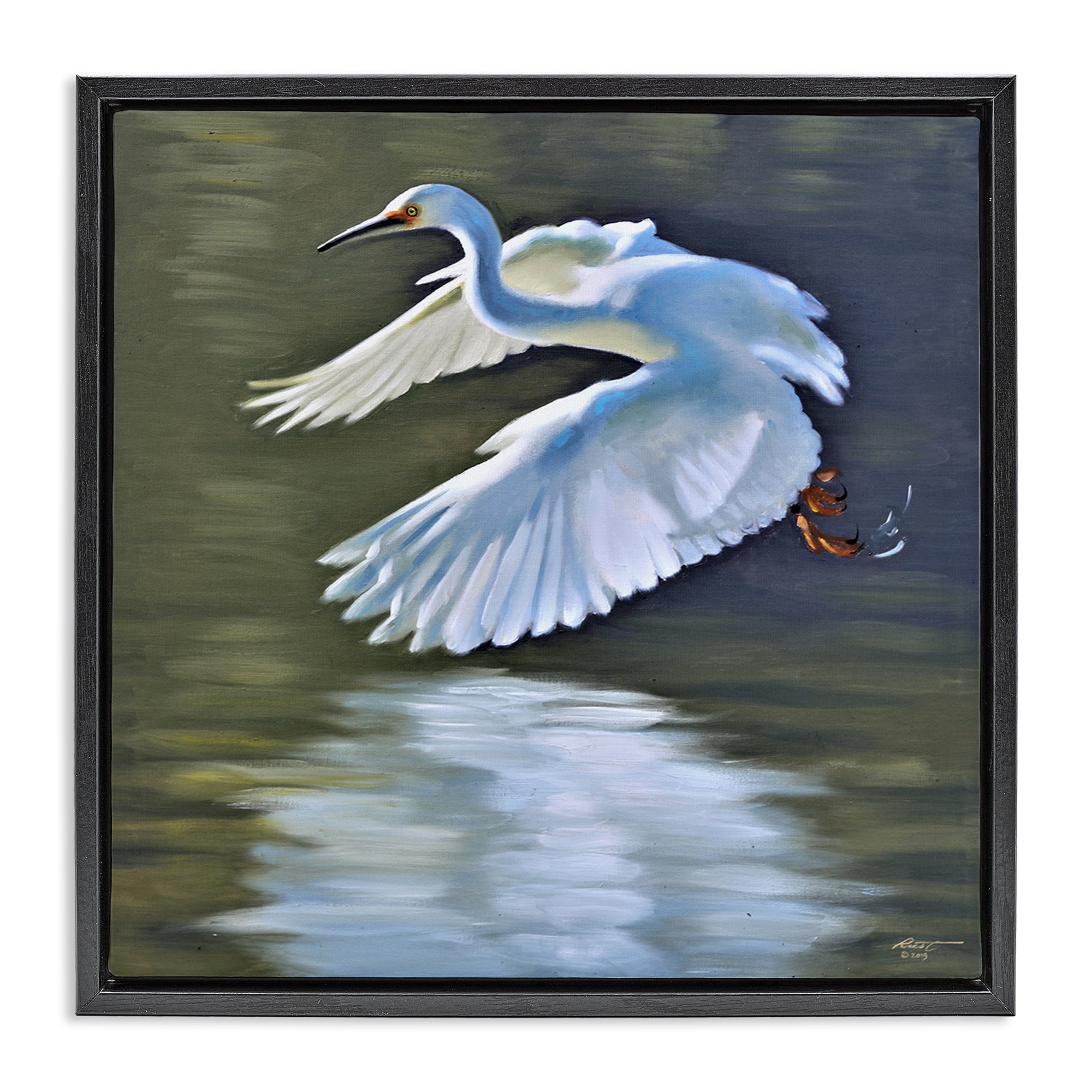 Stupell Industries Egret Flying Lake Surface Animals & Insects Painting Black Floater Framed Canvas Art Print Wall Art, 25 x 25