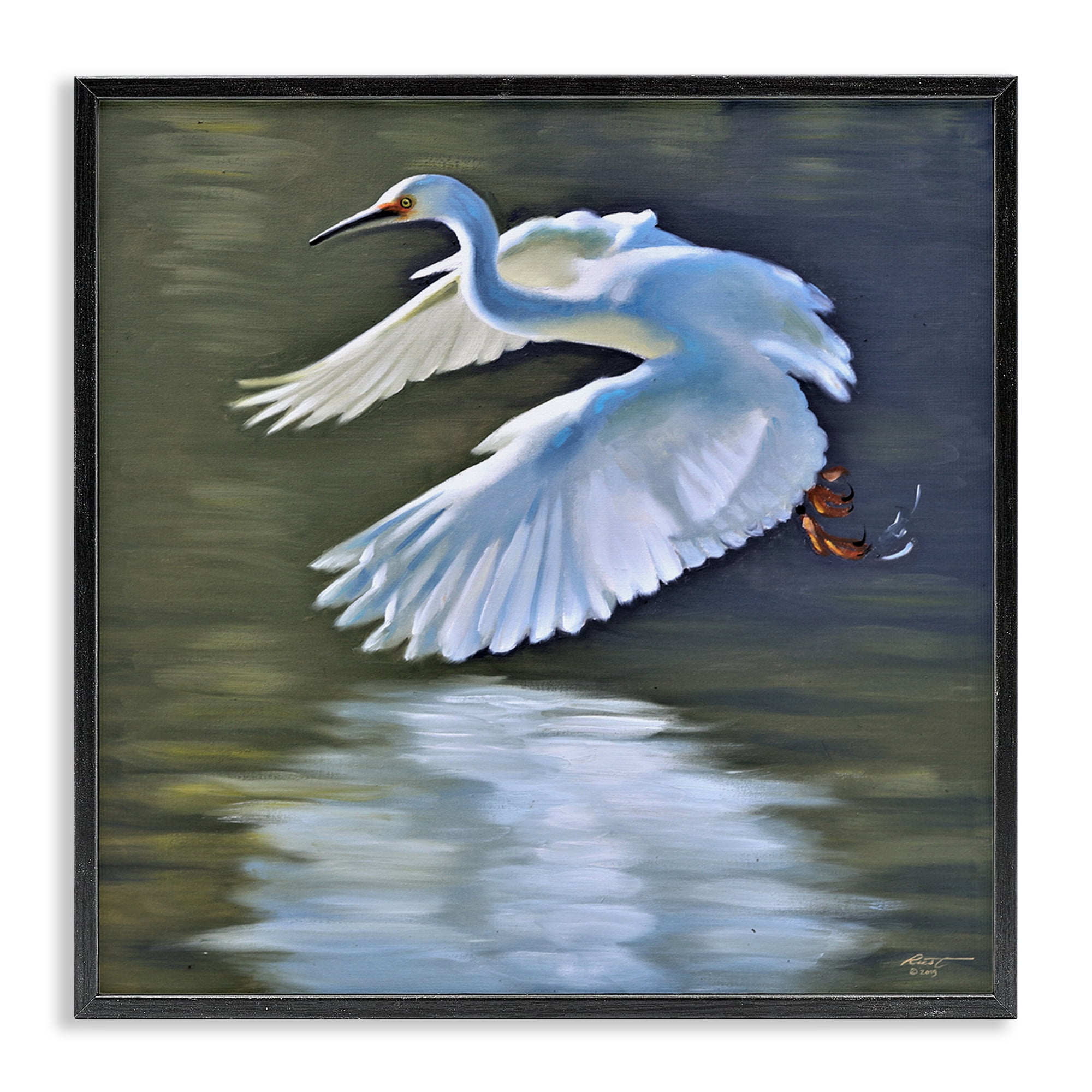 Stupell Industries Egret Flying Lake Surface Animals & Insects Painting Black Framed Art Print Wall Art, 17 x 17