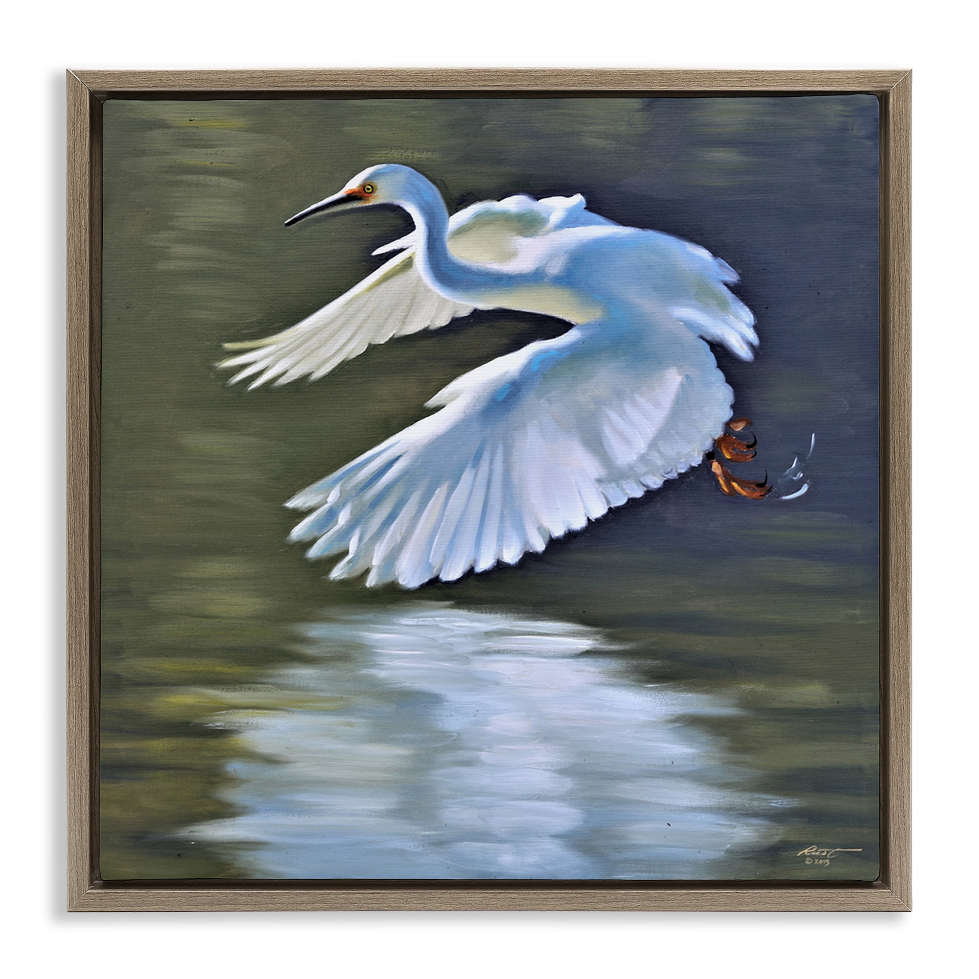 Stupell Industries Egret Flying Lake Surface Animals & Insects Painting Brown Floater Framed Canvas Art Print Wall Art, 18 x 18