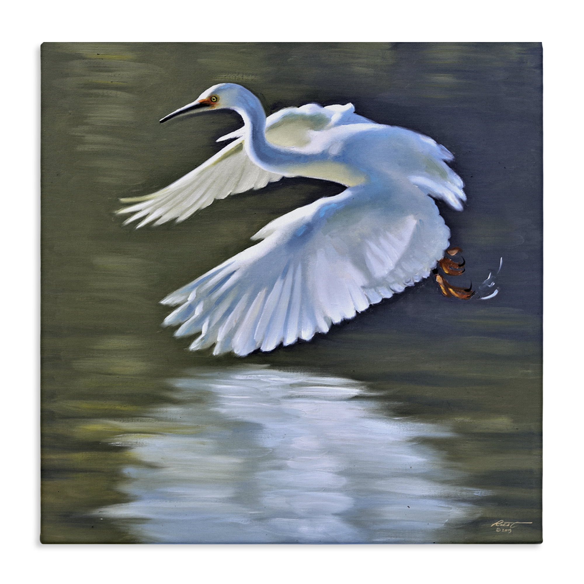 Stupell Industries Egret Flying Lake Surface Animals & Insects Painting Gallery Wrapped Canvas Art Print Wall Art, 17 x 17