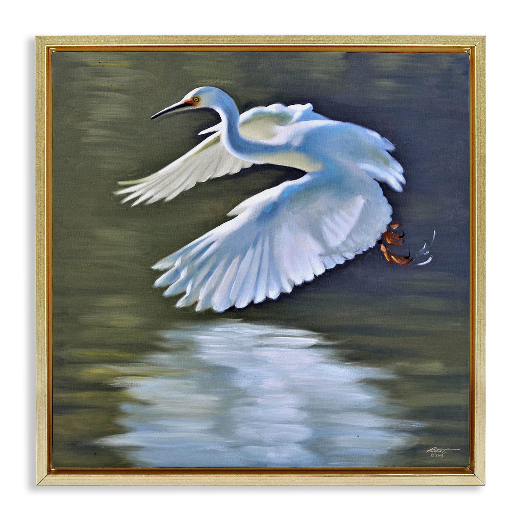Stupell Industries Egret Flying Lake Surface Animals & Insects Painting Gold Floater Framed Canvas Art Print Wall Art, 18 x 18