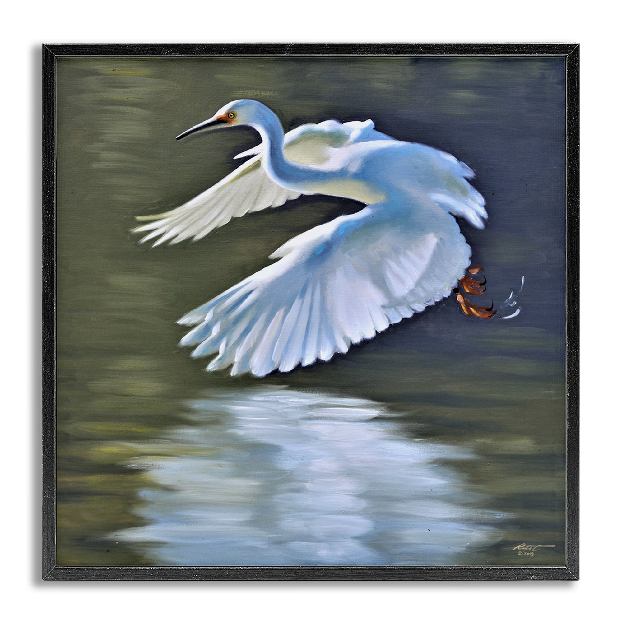 Stupell Industries Egret Flying Lake Surface Animals & Insects Painting Gray Framed Art Print Wall Art, 17 x 17