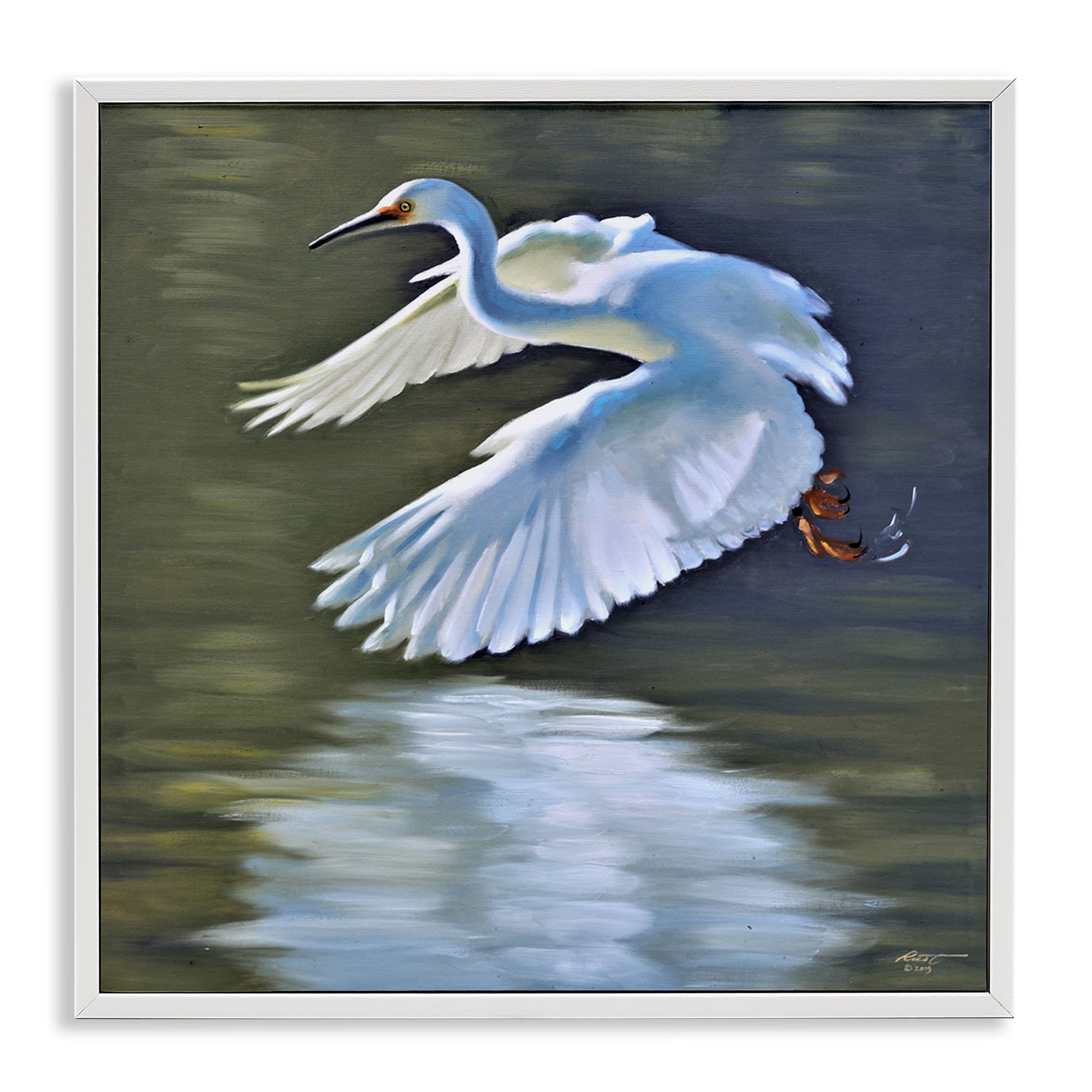 Stupell Industries Egret Flying Lake Surface Animals & Insects Painting White Framed Art Print Wall Art, 17 x 17