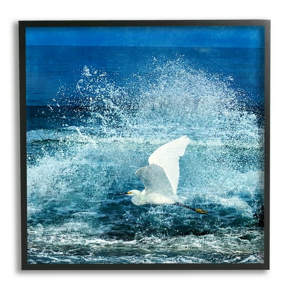 Stupell Industries Egret Flying Waves Splashing Coastal Painting Black Framed Art Print Wall Art