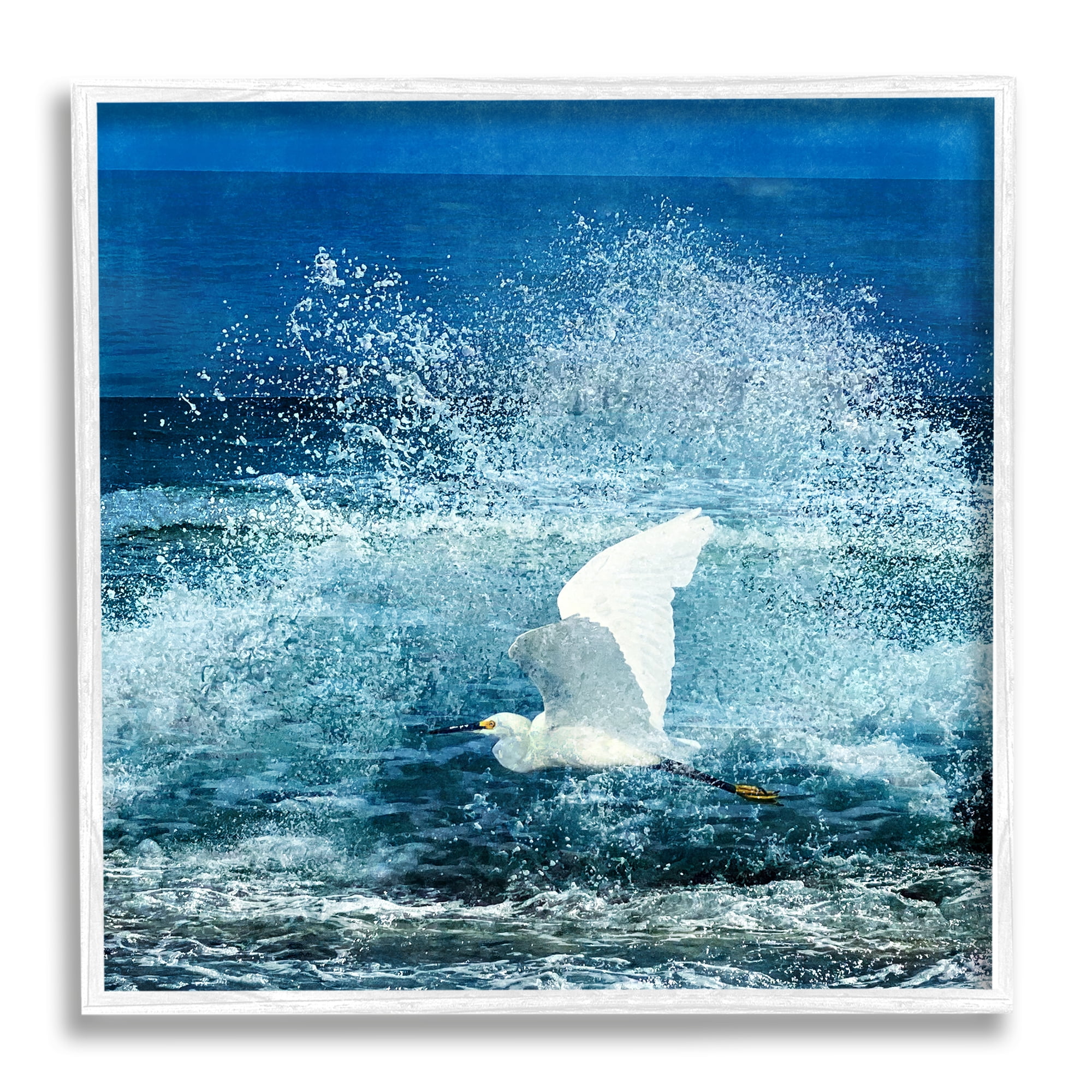 Stupell Industries Egret Flying Waves Splashing Coastal Painting White Framed Art Print Wall Art