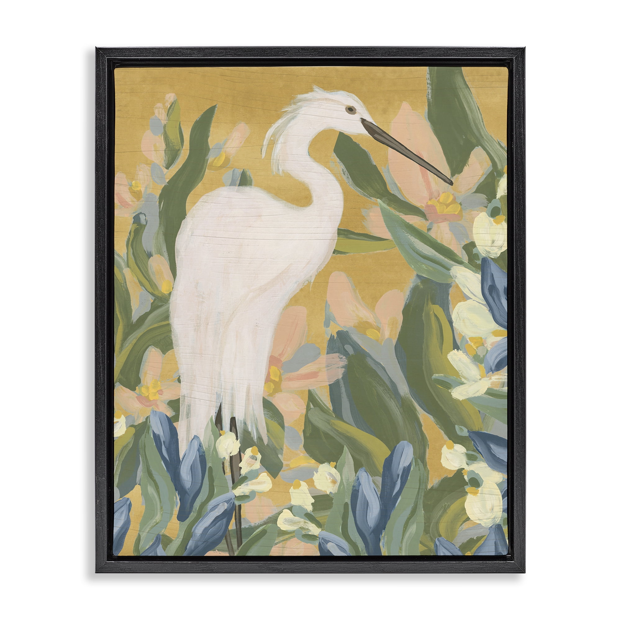 Stupell Industries Egret & Lake Vegetation Animals & Insects Painting Black Floater Framed Canvas Art Print Wall Art, 17 x 21