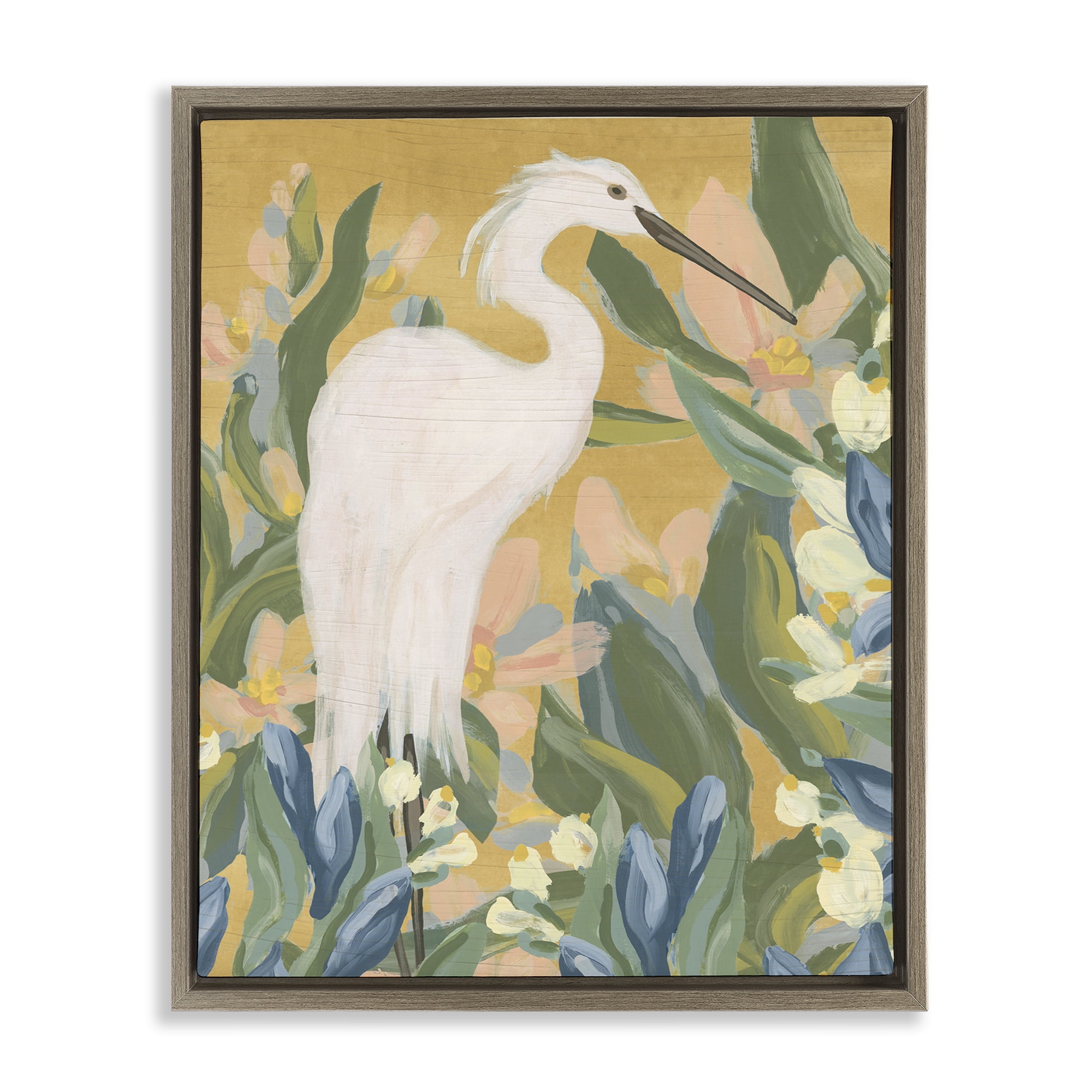 Stupell Industries Egret & Lake Vegetation Animals & Insects Painting Brown Floater Framed Canvas Art Print Wall Art, 17 x 21