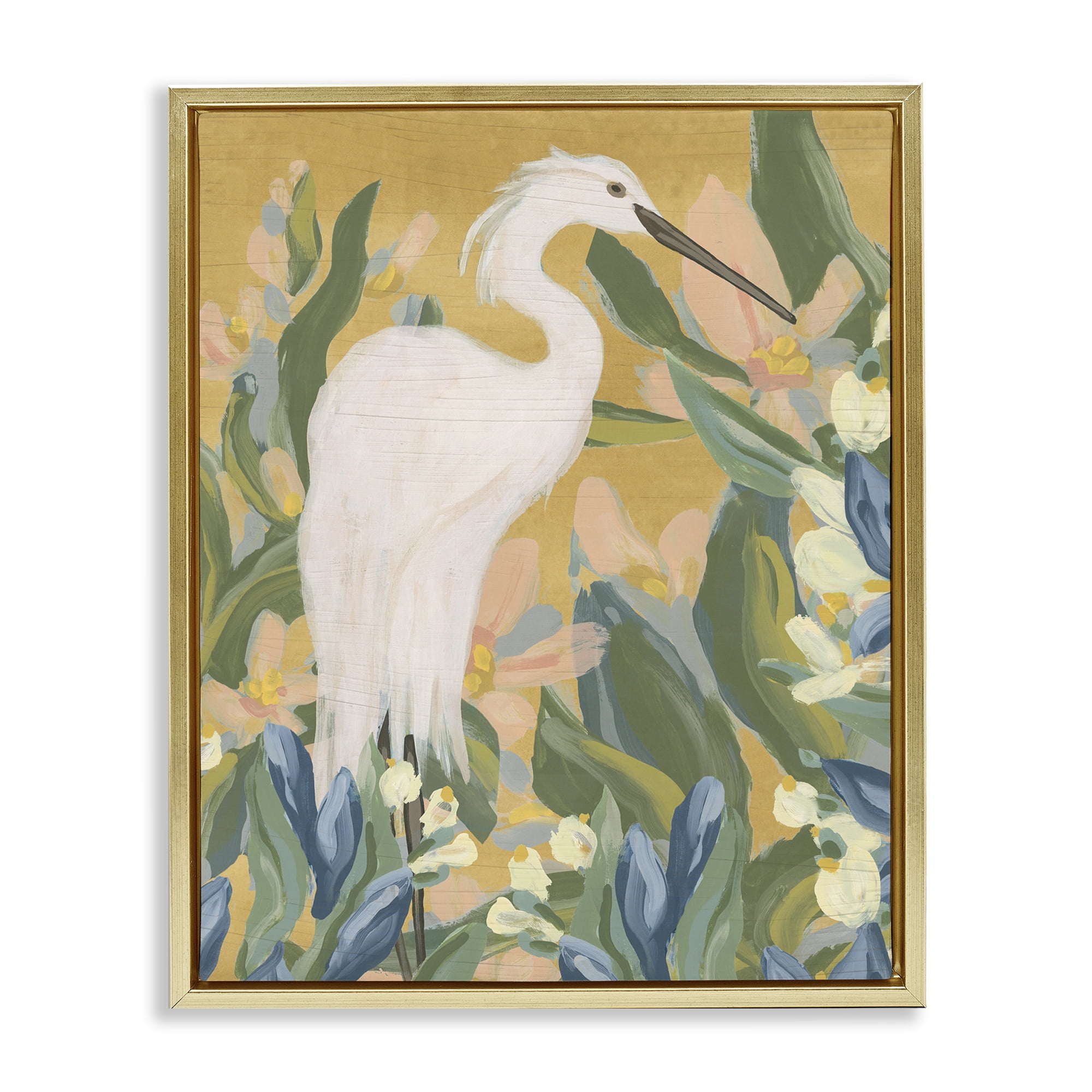 Stupell Industries Egret & Lake Vegetation Animals & Insects Painting Gold Floater Framed Canvas Art Print Wall Art, 25 x 31