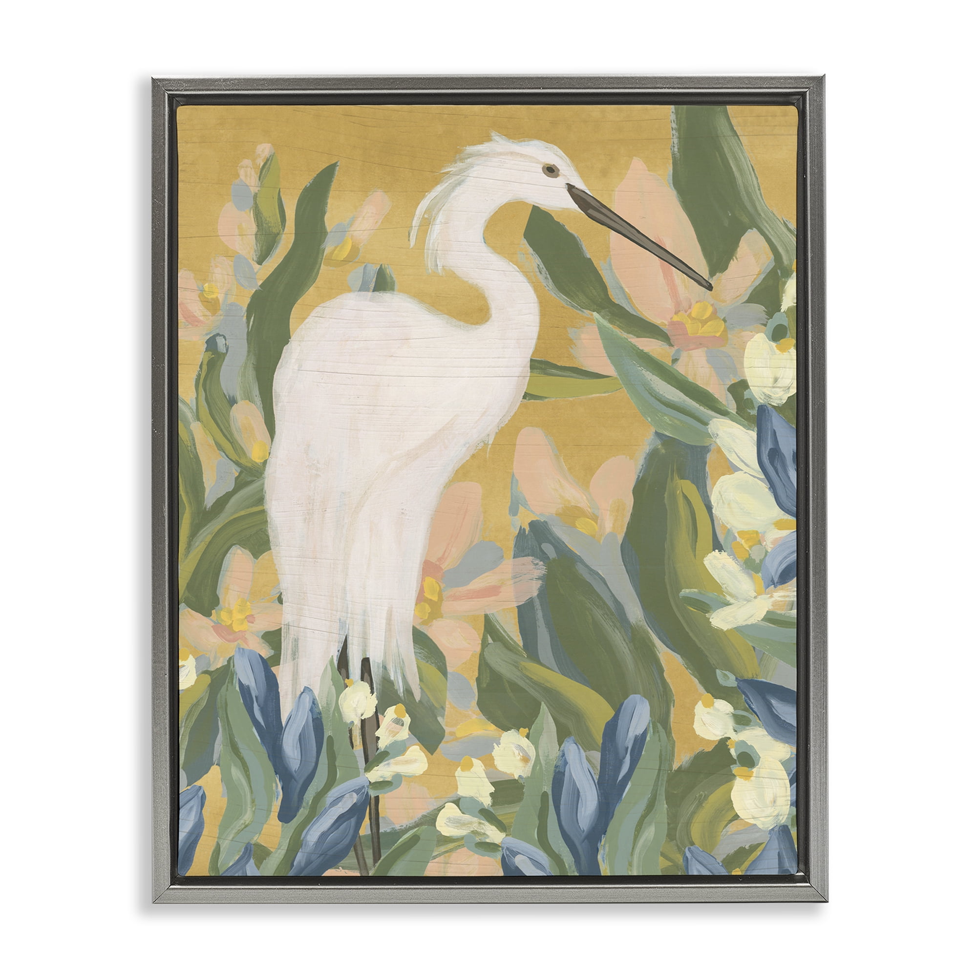 Stupell Industries Egret & Lake Vegetation Animals & Insects Painting Gray Floater Framed Canvas Art Print Wall Art, 25 x 31