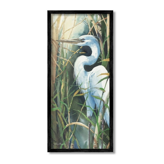 Stupell Industries Egret & Marshland Leaves Animals & Insects Painting Black Framed Art Print Wall Art, 10 x 24