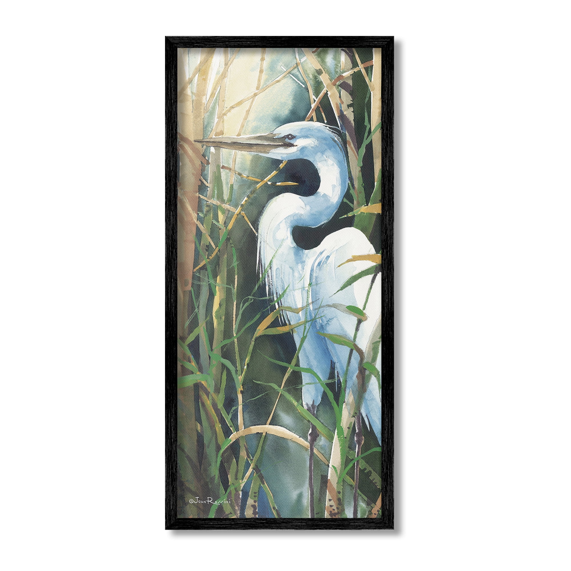 Stupell Industries Egret & Marshland Leaves Animals & Insects Painting Black Framed Art Print Wall Art, 13 x 30