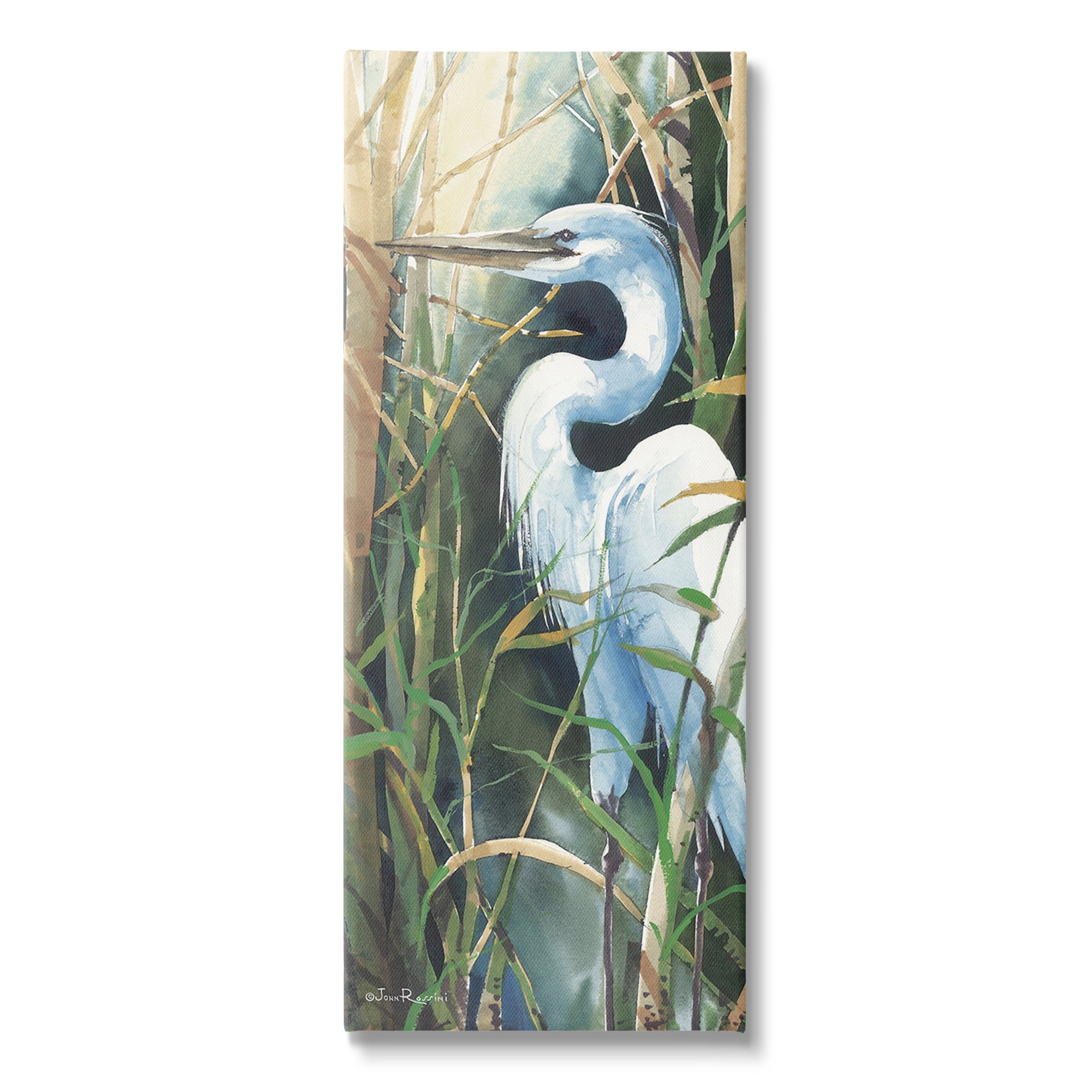 Stupell Industries Egret & Marshland Leaves Animals & Insects Painting Gallery Wrapped Canvas Art Print Wall Art, 13 x 30