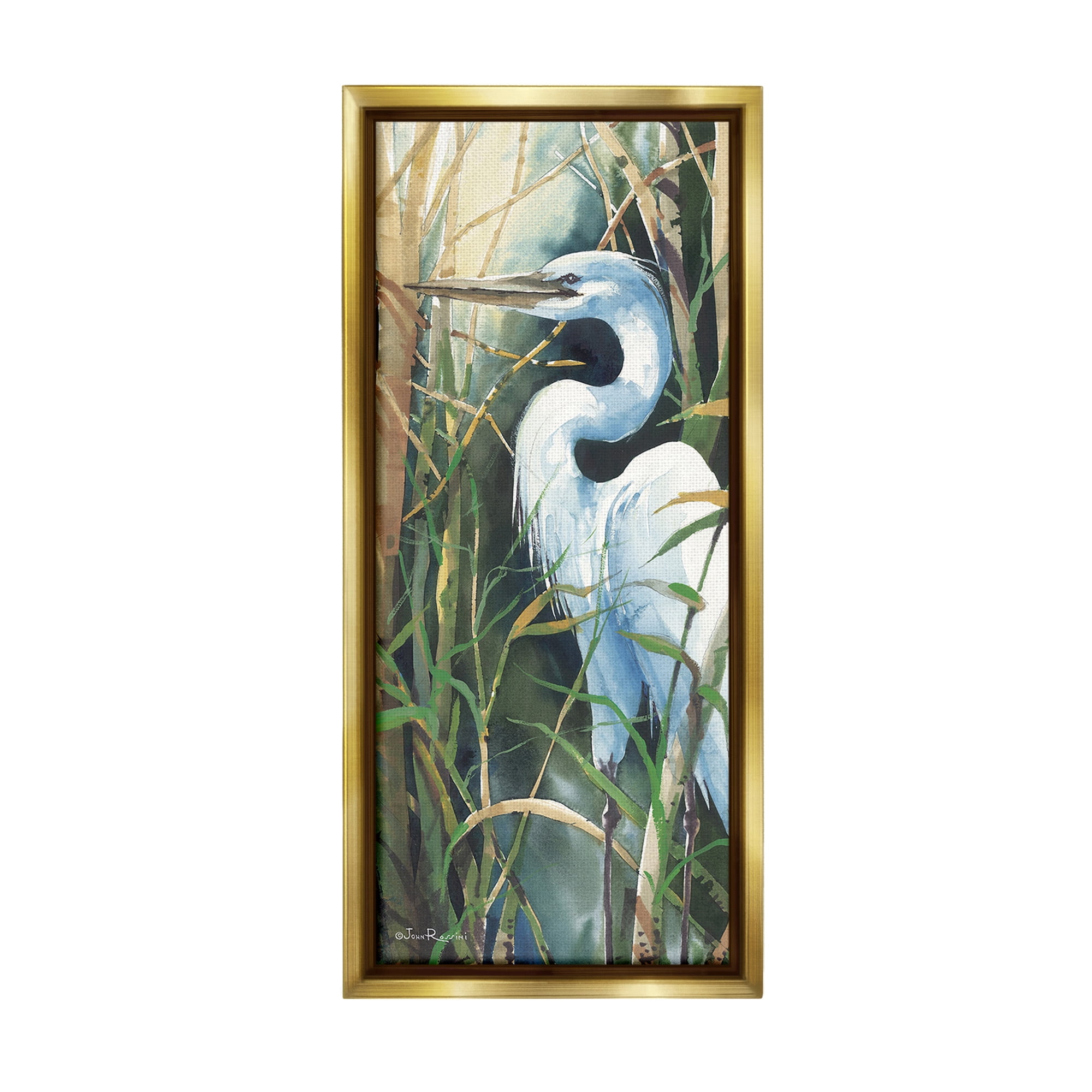 Stupell Industries Egret & Marshland Leaves Animals & Insects Painting Gold Floater Framed Canvas Art Print Wall Art, 11 x 25
