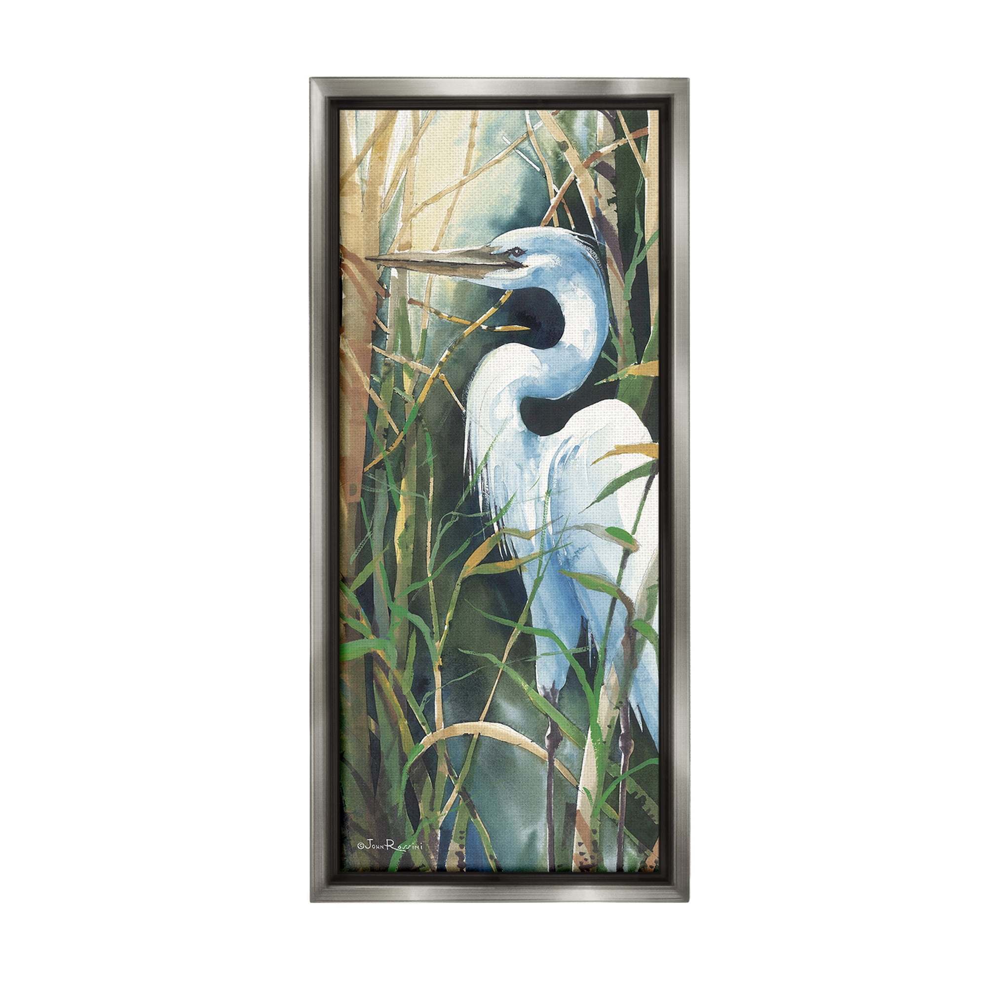 Stupell Industries Egret & Marshland Leaves Animals & Insects Painting Gray Floater Framed Canvas Art Print Wall Art, 11 x 25