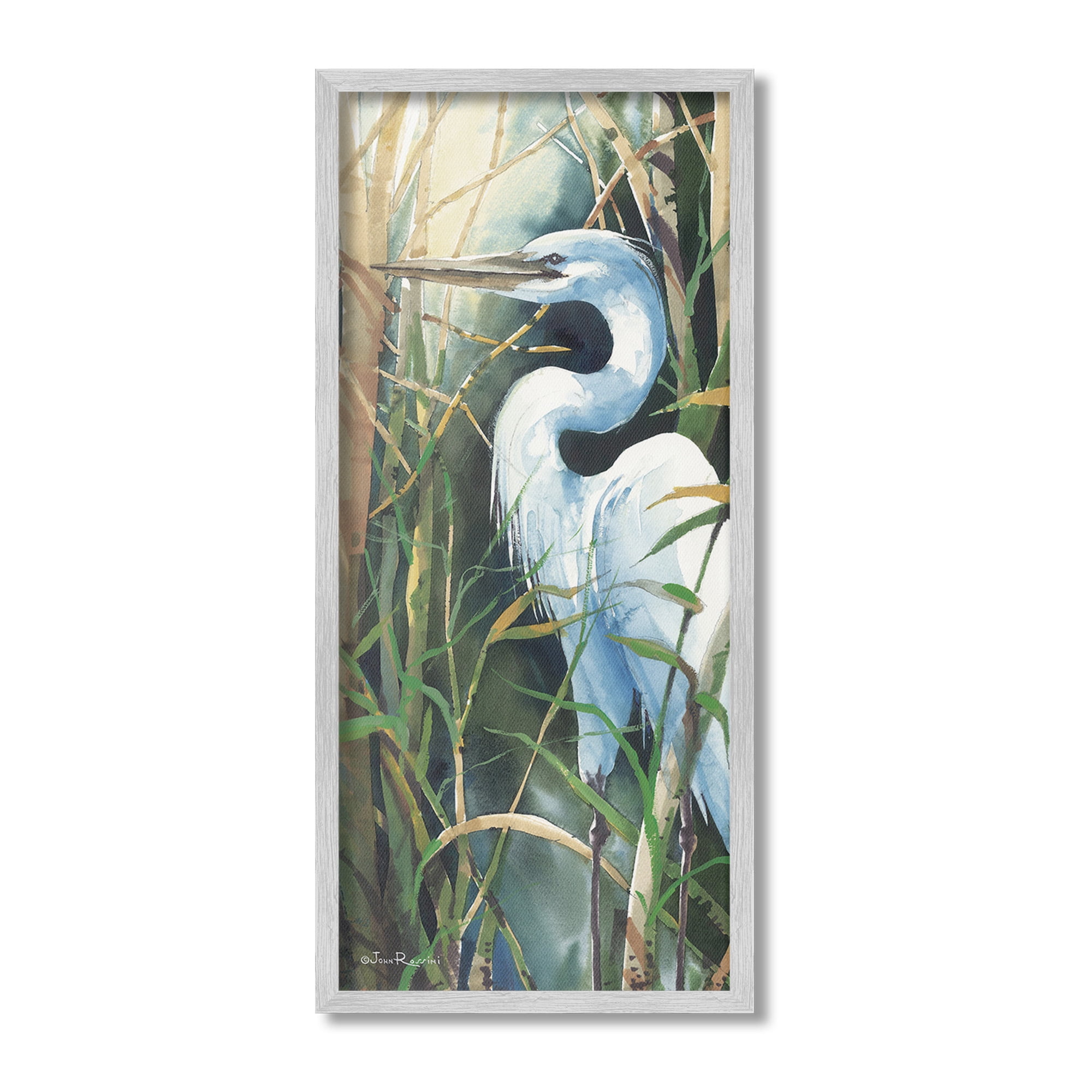 Stupell Industries Egret & Marshland Leaves Animals & Insects Painting Gray Framed Art Print Wall Art, 13 x 30