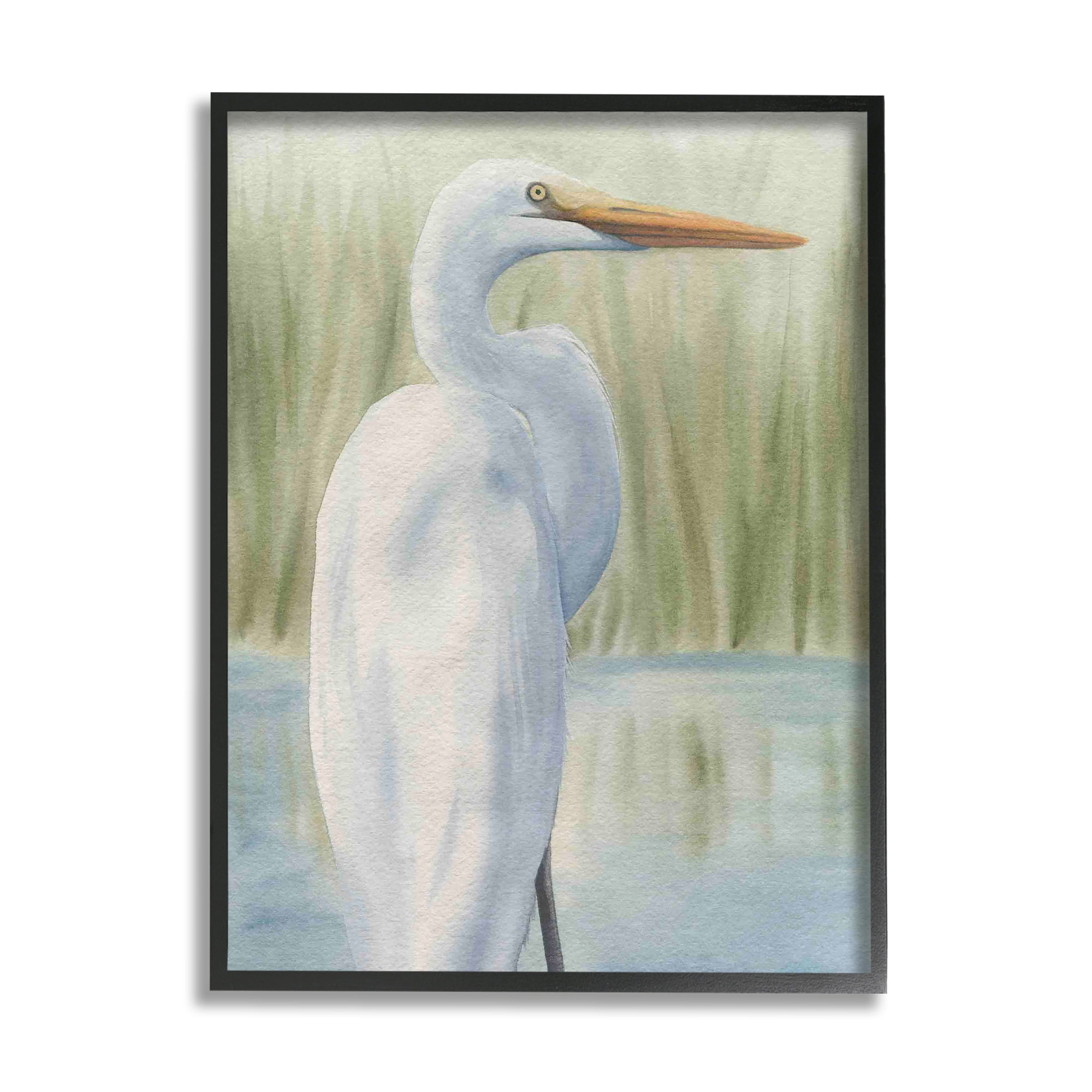 Stupell Industries Egret Marshland Painting Animals & Insects Painting Black Framed Art Print Wall Art, 24 x 30