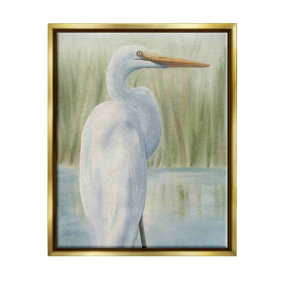 Stupell Industries Egret Marshland Painting Animals & Insects Painting Gold Floater Framed Art Print Wall Art, 25 x 31