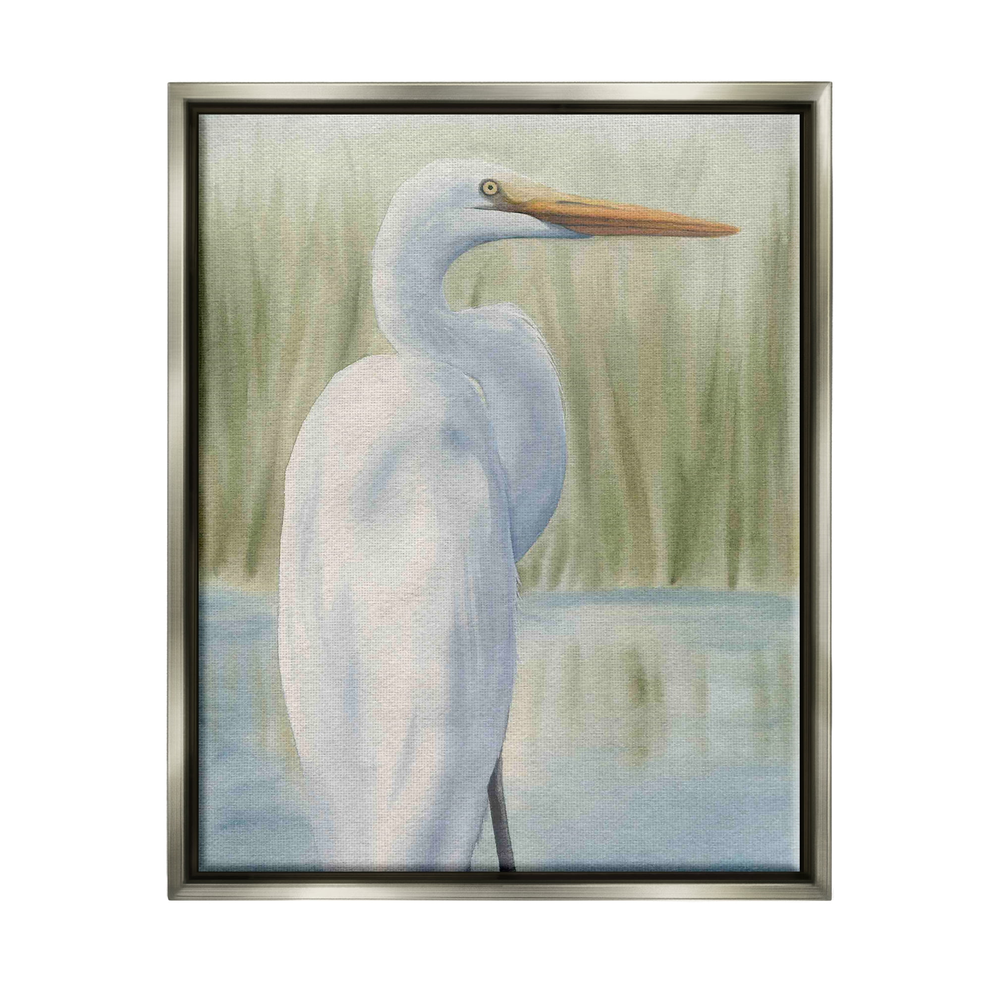 Stupell Industries Egret Marshland Painting Animals & Insects Painting Gray Floater Framed Art Print Wall Art, 17 x 21