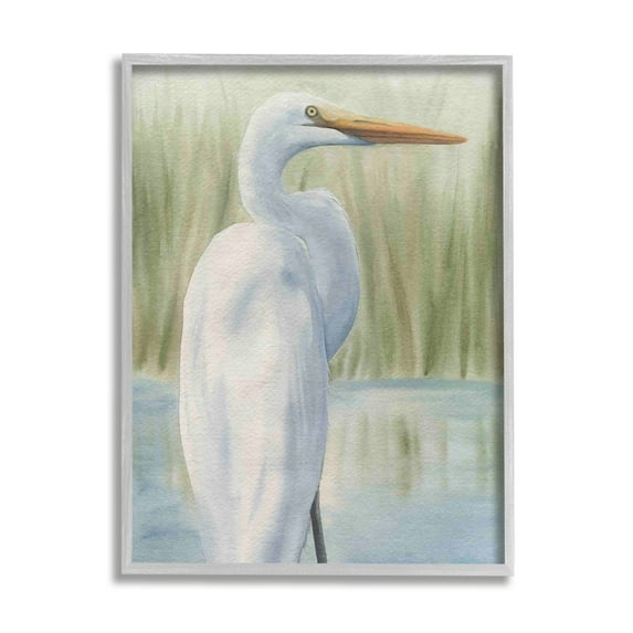 Stupell Industries Egret Marshland Painting Animals & Insects Painting Gray Framed Art Print Wall Art, 11 x 14