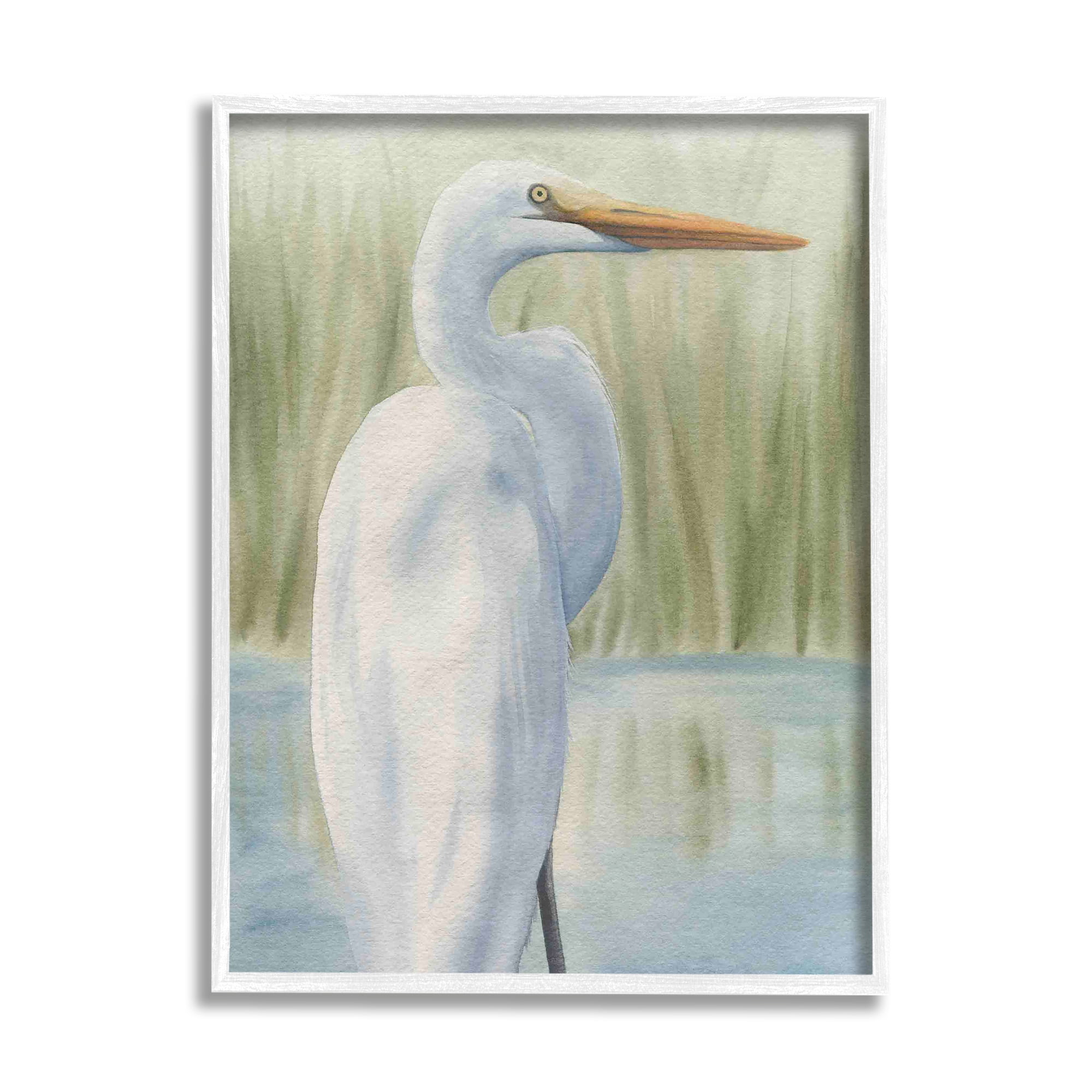 Stupell Industries Egret Marshland Painting Animals & Insects Painting White Framed Art Print Wall Art, 16 x 20