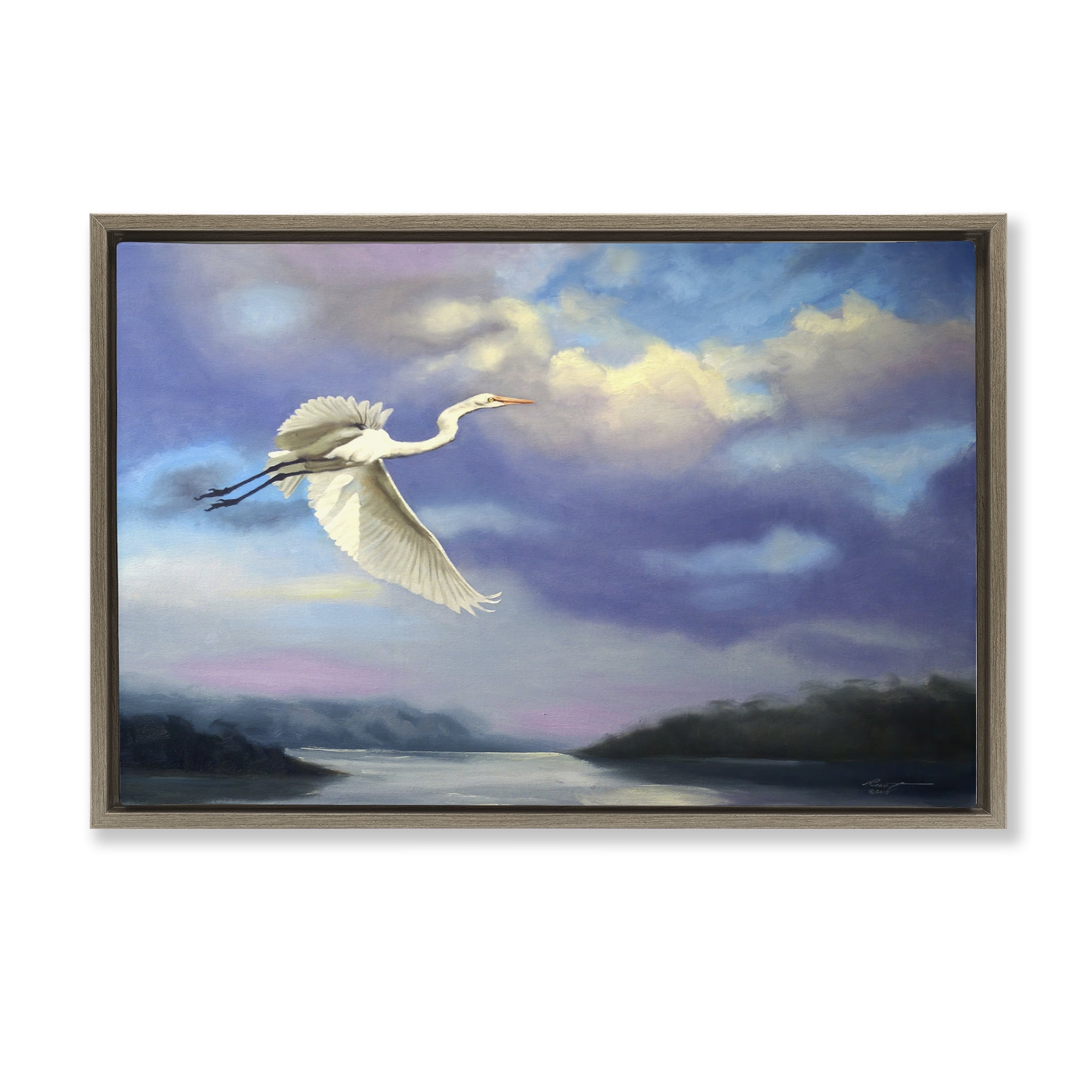 Stupell Industries Egret Over Clouds Landscape Painting Brown Floater Framed Canvas Art Print Wall Art, 25 x 17