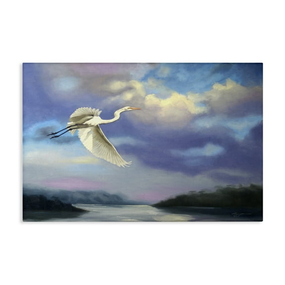 Stupell Industries Egret Over Clouds Landscape Painting Gallery Wrapped Canvas Art Print Wall Art, 36 x 24