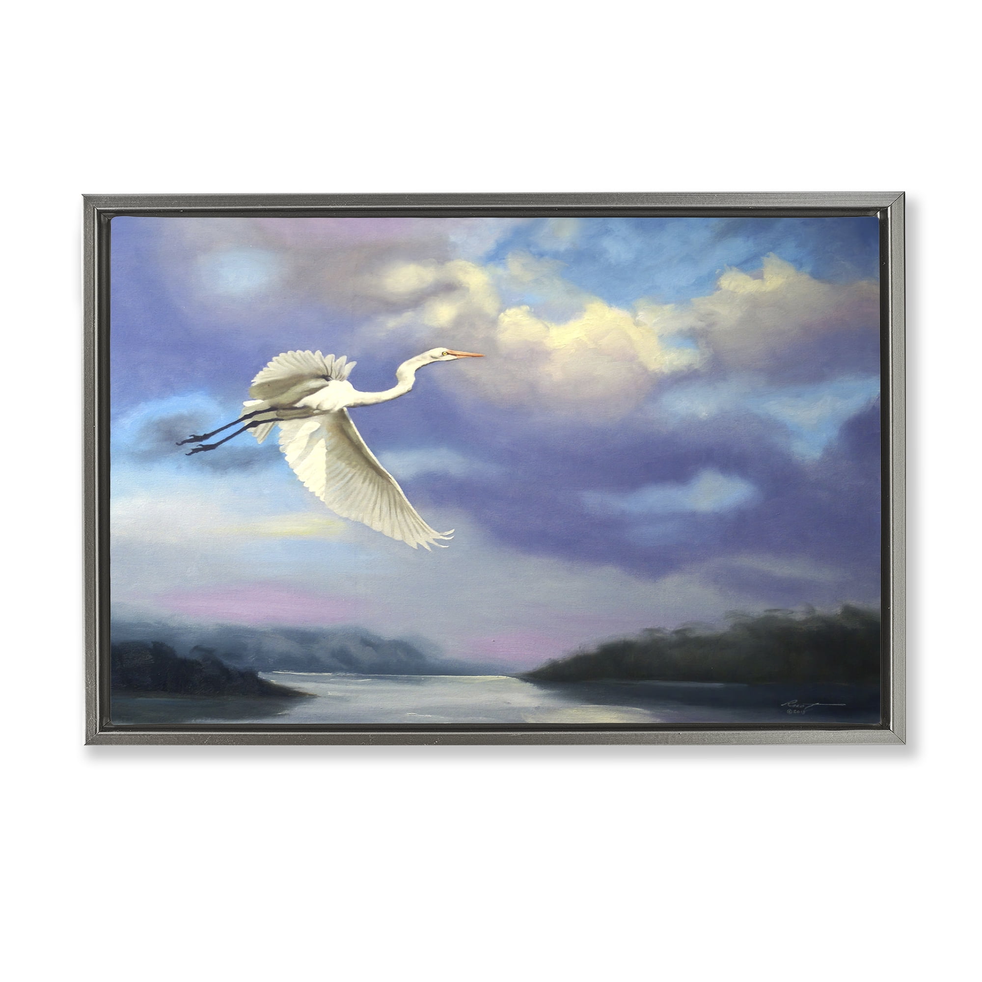 Stupell Industries Egret Over Clouds Landscape Painting Gray Floater Framed Canvas Art Print Wall Art, 25 x 17