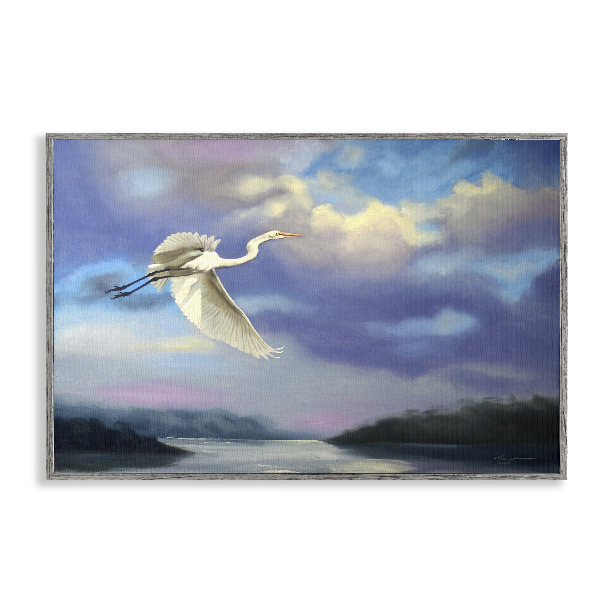 Stupell Industries Egret Over Clouds Landscape Painting Gray Framed Art Print Wall Art, 24 x 16