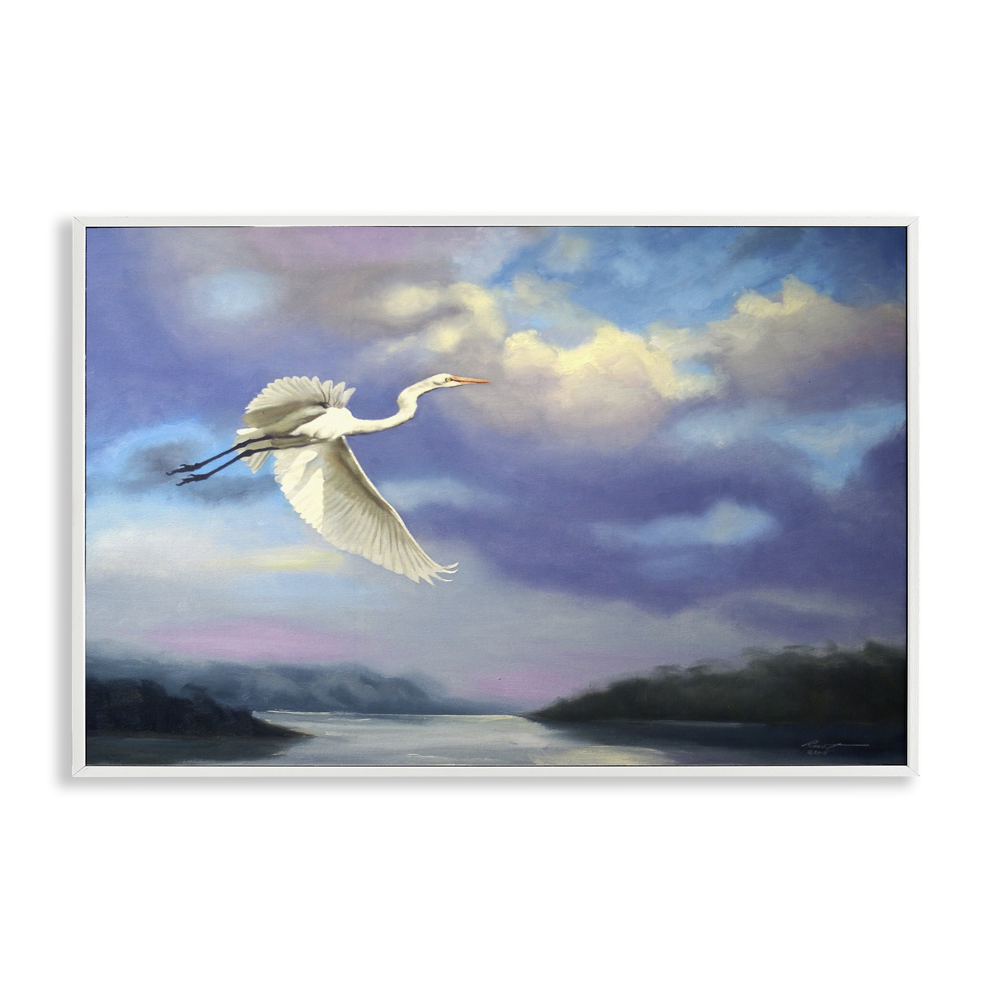 Stupell Industries Egret Over Clouds Landscape Painting White Framed Art Print Wall Art, 24 x 16