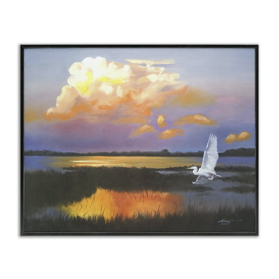 Stupell Industries Egret Over Cloudy Reflection Landscape Painting Black Framed Art Print Wall Art, 14 x 11