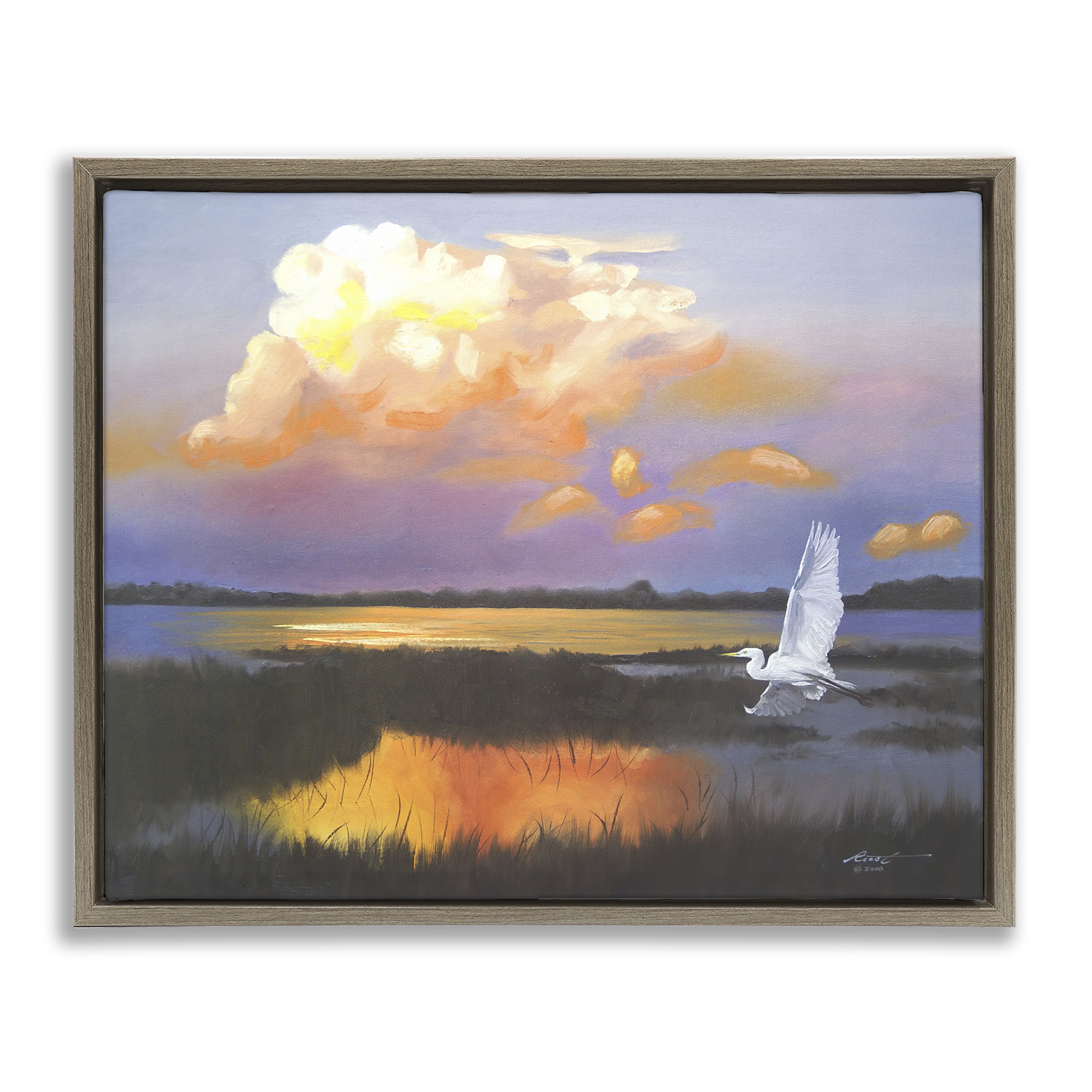 Stupell Industries Egret Over Cloudy Reflection Landscape Painting Brown Floater Framed Canvas Art Print Wall Art, 21 x 17