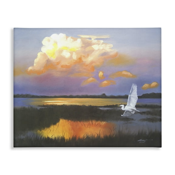 Stupell Industries Egret Over Cloudy Reflection Landscape Painting Gallery Wrapped Canvas Art Print Wall Art, 20 x 16