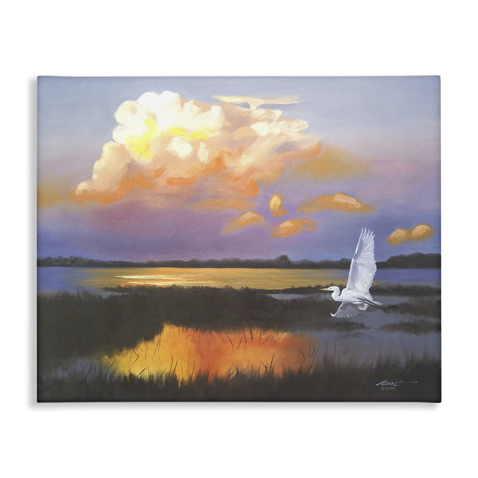 Stupell Industries Egret Over Cloudy Reflection Landscape Painting Gallery Wrapped Canvas Art Print Wall Art, 30 x 24
