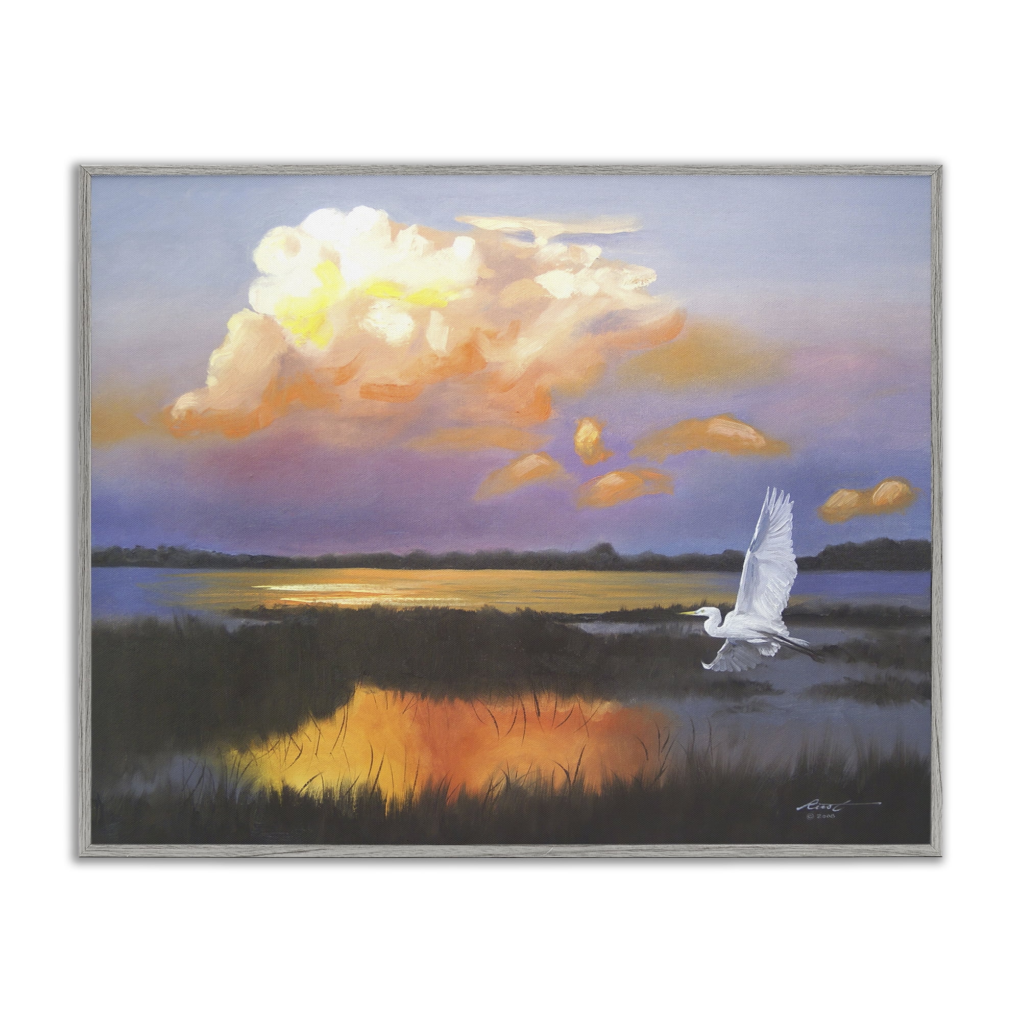 Stupell Industries Egret Over Cloudy Reflection Landscape Painting Gray Framed Art Print Wall Art, 14 x 11