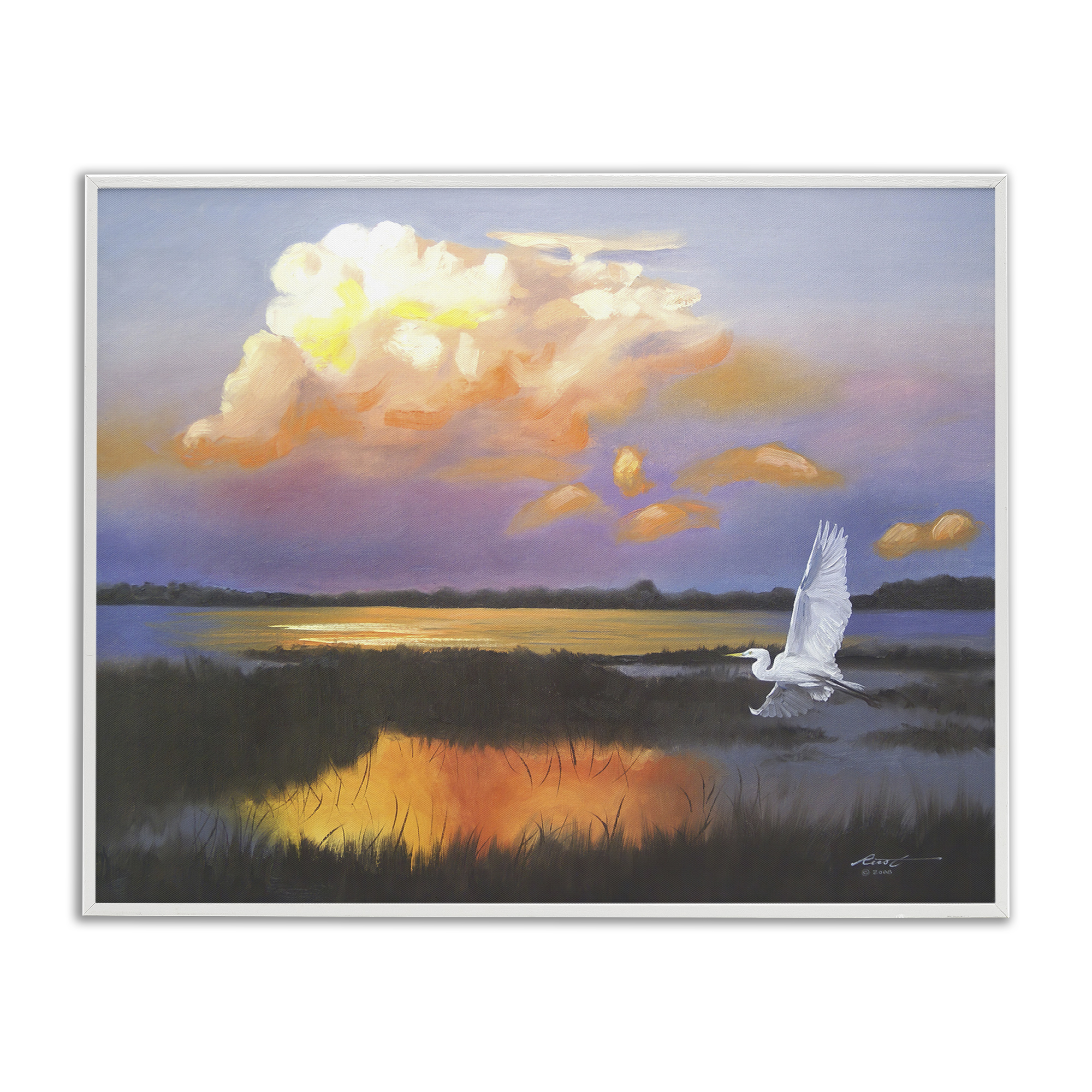 Stupell Industries Egret Over Cloudy Reflection Landscape Painting White Framed Art Print Wall Art, 14 x 11
