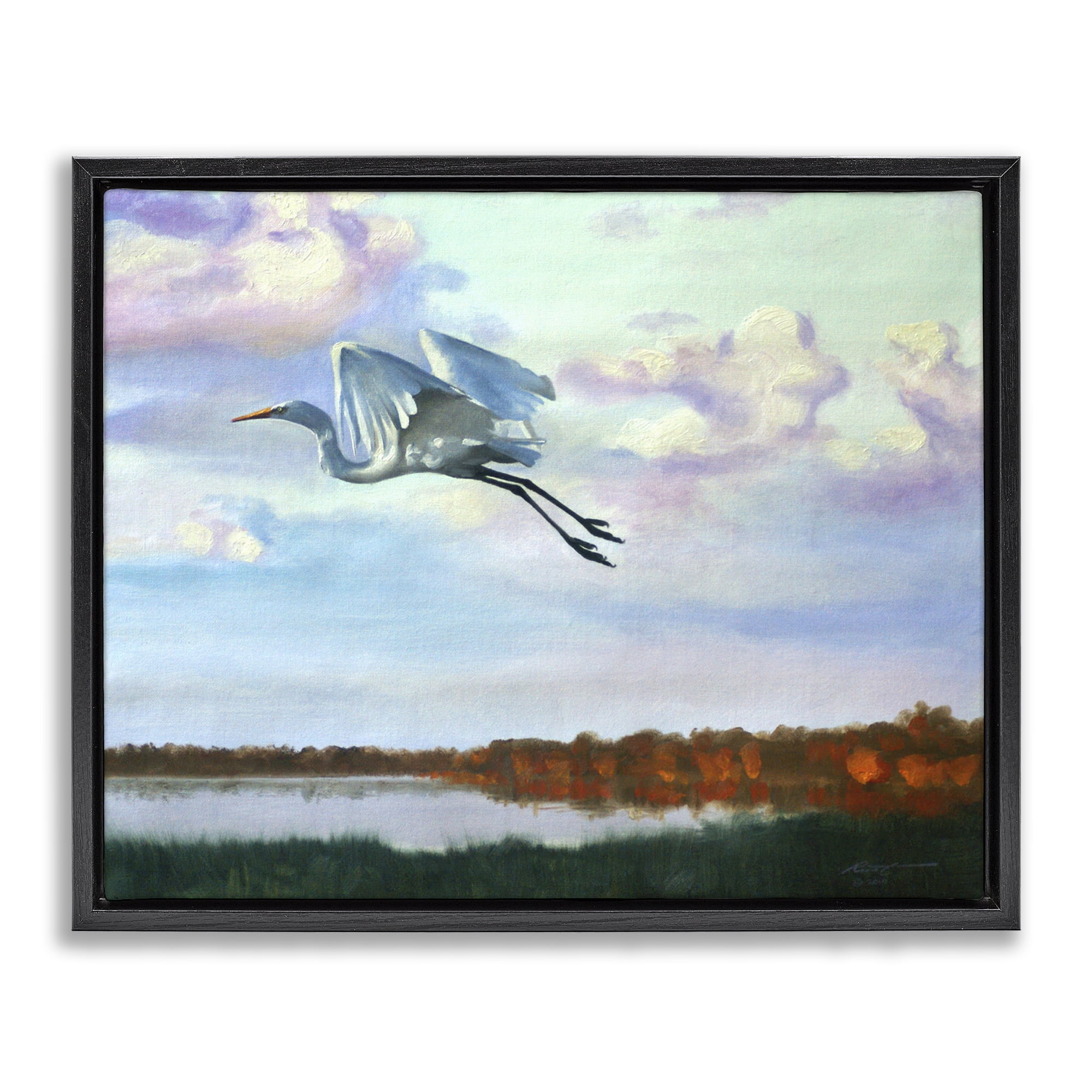 Stupell Industries Egret Over Lake Shore Landscape Painting Black Floater Framed Canvas Art Print Wall Art, 31 x 25
