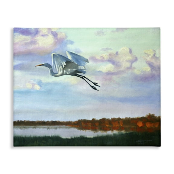 Stupell Industries Egret Over Lake Shore Landscape Painting Gallery Wrapped Canvas Art Print Wall Art, 20 x 16