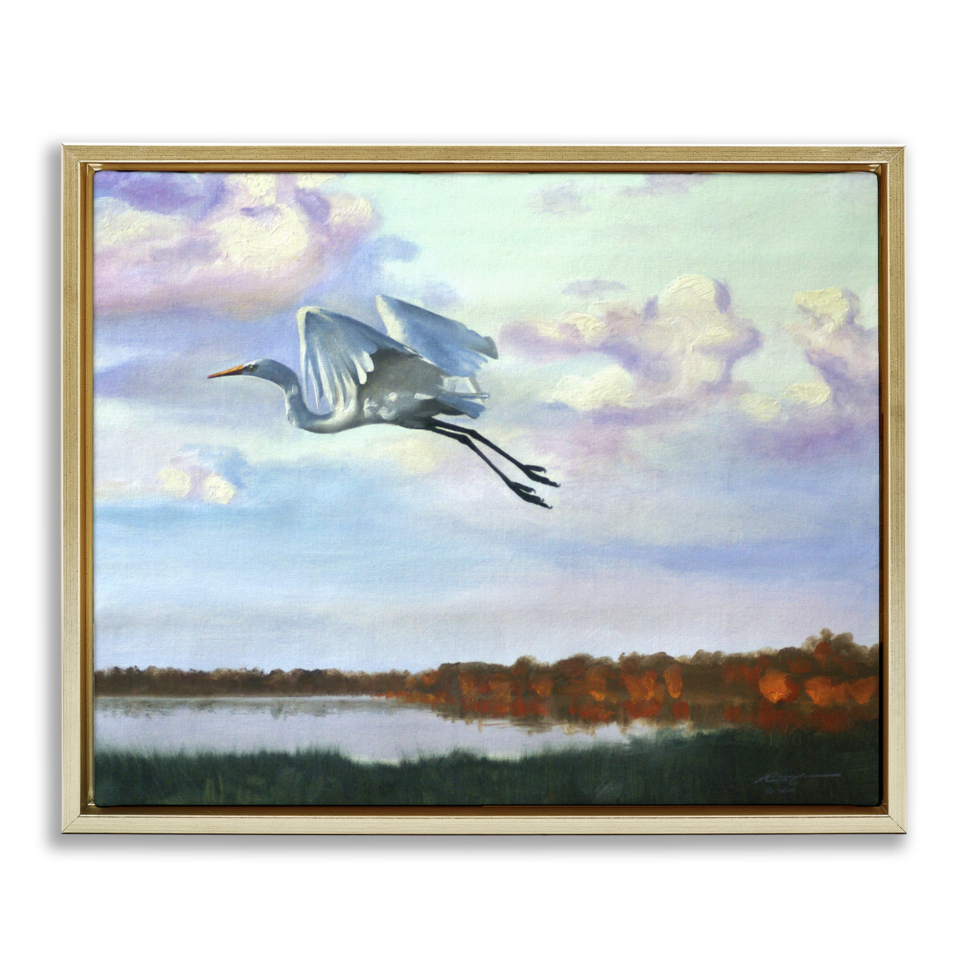 Stupell Industries Egret Over Lake Shore Landscape Painting Gold Floater Framed Canvas Art Print Wall Art, 21 x 17