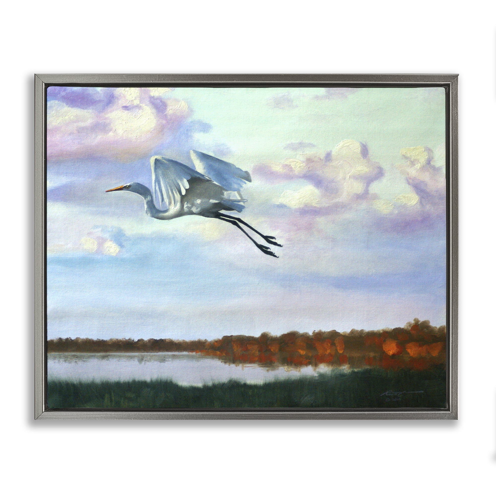 Stupell Industries Egret Over Lake Shore Landscape Painting Gray Floater Framed Canvas Art Print Wall Art, 31 x 25