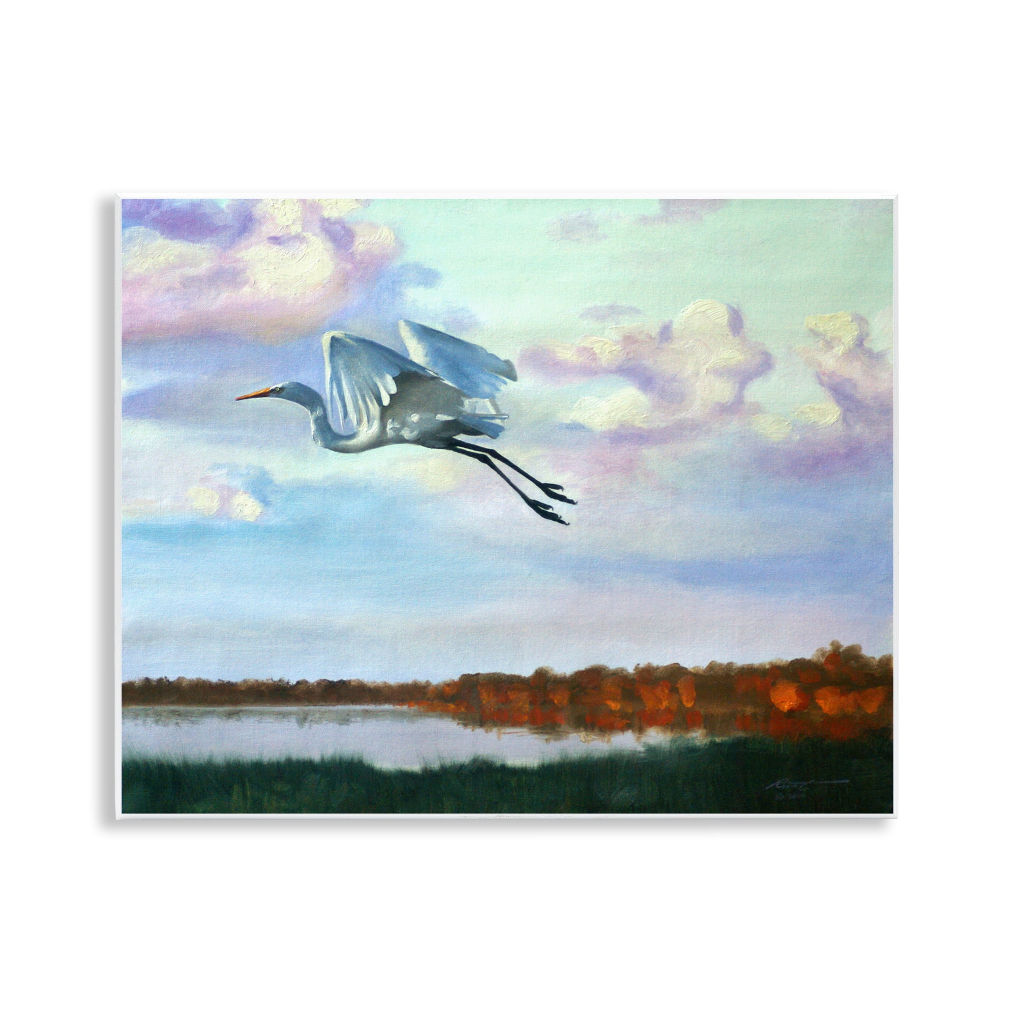 Stupell Industries Egret Over Lake Shore Landscape Painting Unframed Art Print Wall Art, 14 x 11