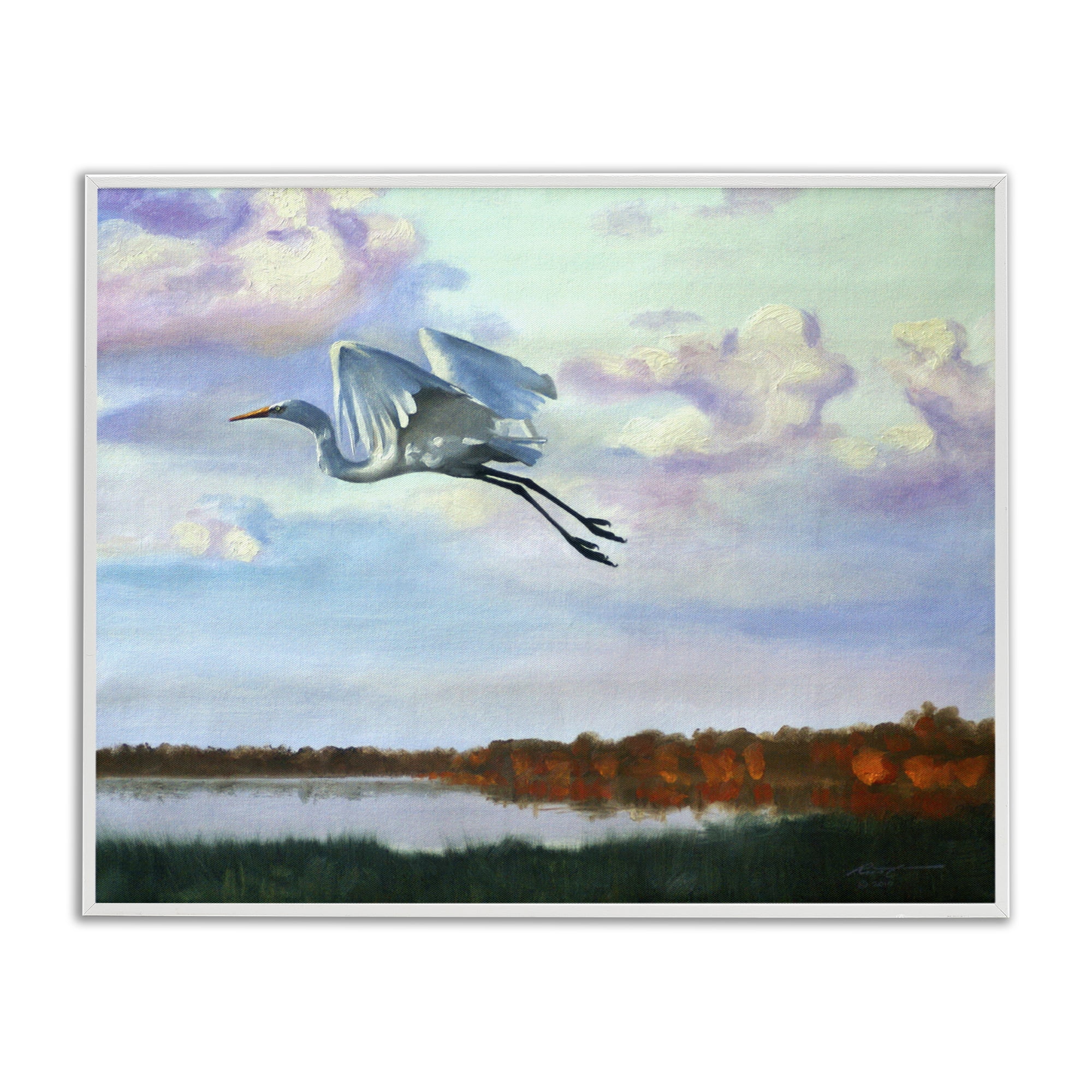Stupell Industries Egret Over Lake Shore Landscape Painting White Framed Art Print Wall Art, 20 x 16