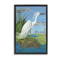 Stupell Industries Egret Perched on Shore Animals & Insects Painting Black Floater Framed Canvas Art Print Wall Art, 17 x 25