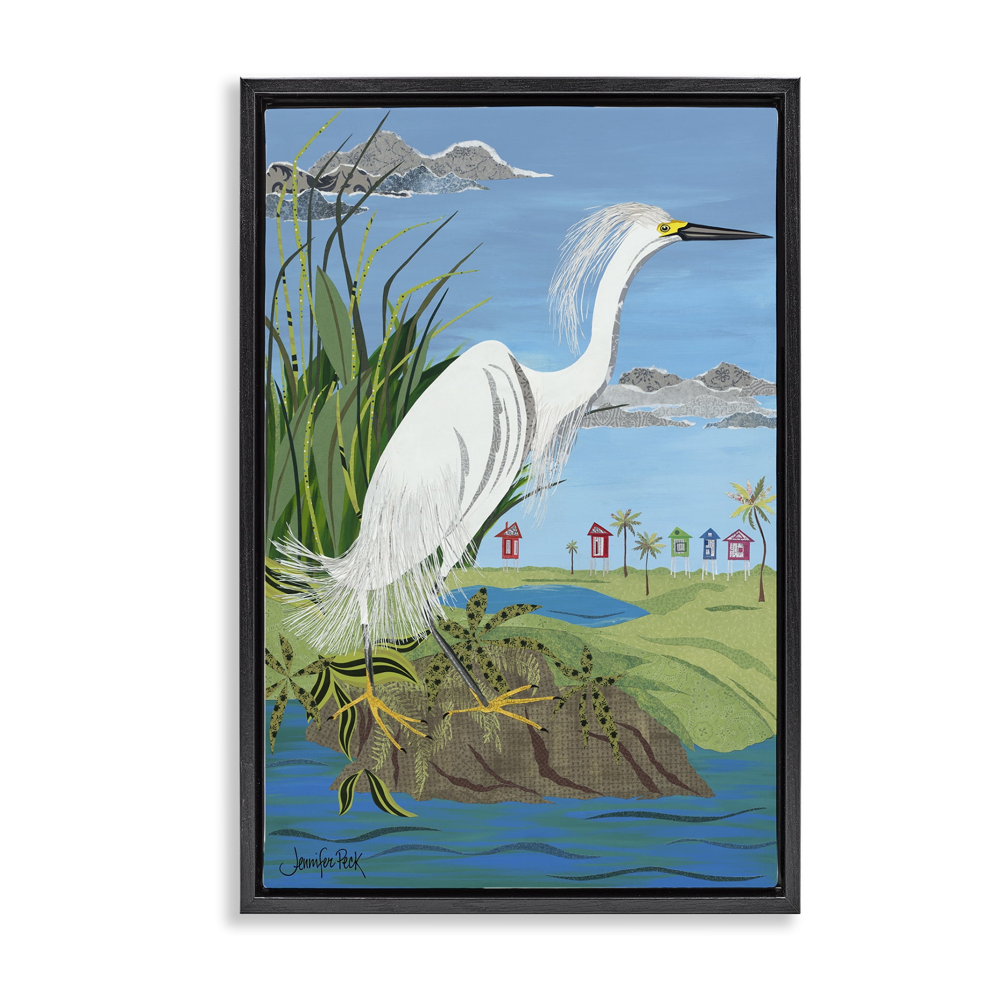 Stupell Industries Egret Perched on Shore Animals & Insects Painting Black Floater Framed Canvas Art Print Wall Art, 21 x 31