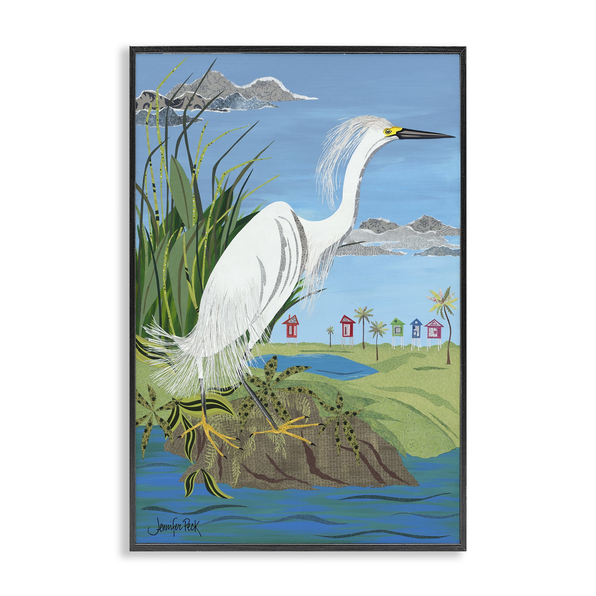 Stupell Industries Egret Perched on Shore Animals & Insects Painting Black Framed Art Print Wall Art, 12 x 18